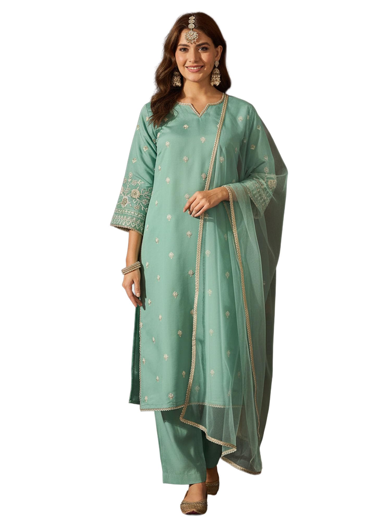 Women’s Silk Blend Embroidered Straight Kurta Pant Set with Net Dupatta | Round Neck | 3/4 Sleeve Ethnic Wear Suit Set (ES_2573)-image-25