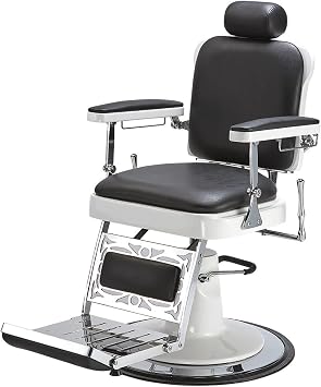 Pibbs 663 Master Vintage Barber Chair - Classic Steel Frame, White Fiberglass Trim, Double-Padded Seat, Back, Armrests & Calf Rest, Flip Footrest, Dual Reclining, Hydraulic Pump Base - PIB-663