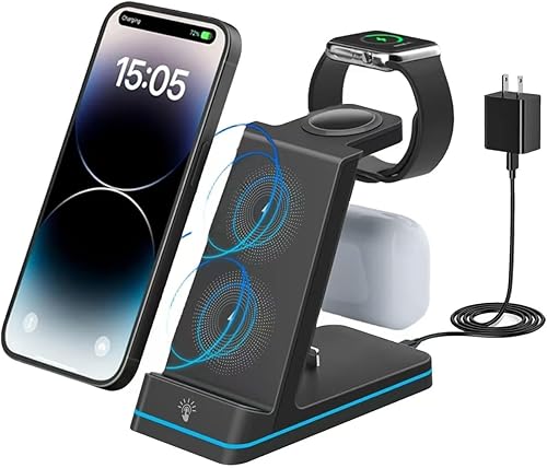 Estación de carga 3 en 1, cargador inalámbrico para iPhone 15, 14, 13, 12, 11 X, Apple Watch, base de carga para AirPods por Lightning (adaptador
