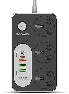 مشترك كهرباء GP343 المملكة المتحدة 220 فولت مع 3 مقابس عالمية من جي-باور، 1 مقبس شحن سريع 18 وات، 1 منفذ نوع سي 20 وات، منفذي USB 2.4 أمبير - أسود رمادي