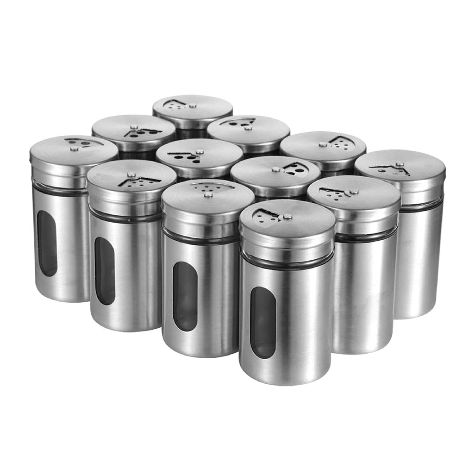 12 Stück Gewürzgläser Set aus Glas mit Edelstahl, Gewürzflaschen für Küche, Camping & Grill