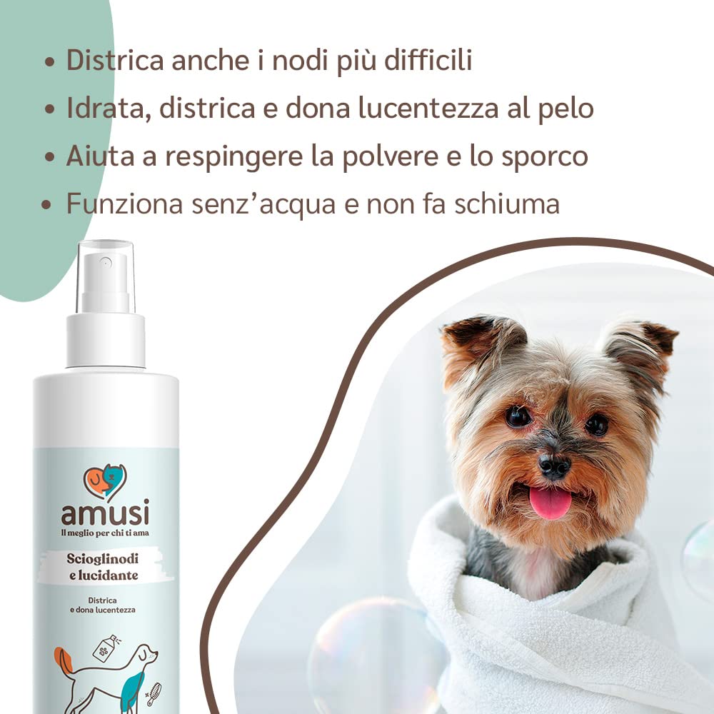 amusi Balsamo Cani Pelo Lungo Spray Sciogli Nodi Pelo Cane 250ml - Made in Italy, Formula Ipollergenica, Lucida, Condiziona, Nutre, Effetto Antistatico, Balsamo per Cani Spray, Districante Pelo Cane