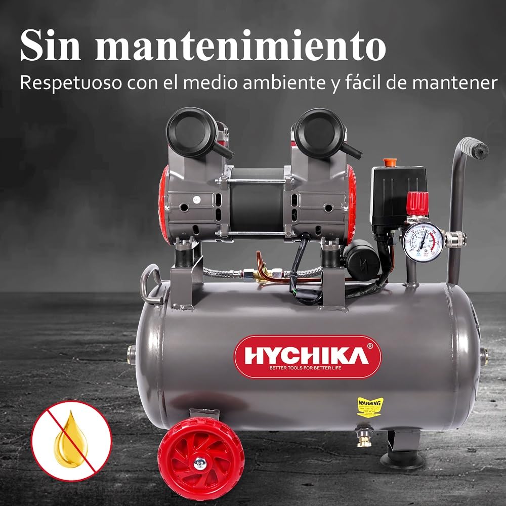 HYCHIKA Compresor Aire, Compresor Silencioso Portatil 8 Bar, 24L, 230V-240V, Sin aceite, 1100W Max, 24 Litros Compresor de Aire para Coche, Pulverización de pintura, Presión de escape regulable