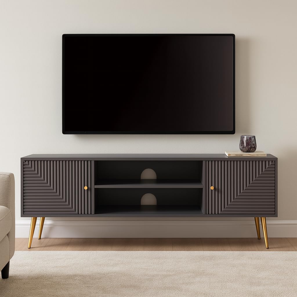 GCA1 WOODZONE 55 Inch TV Unit for 32–55 Inch LED TV | Charcoal Grey HDMR Wood TV Stand Cabinet with Storage | Modern Wooden TV Table, Media Console & Entertainment Center for Living Room