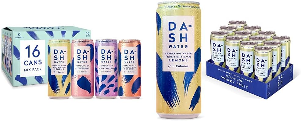 Dash Water Mixed Pack - 16 x Flavoured Sparkling Spring Water (16 x 330 ml cans) & Lemon - 12 x Lemon Flavoured Sparkling Spring Water - NO Sugar - Infused with Wonky Fruit (12 x 330ml cans)