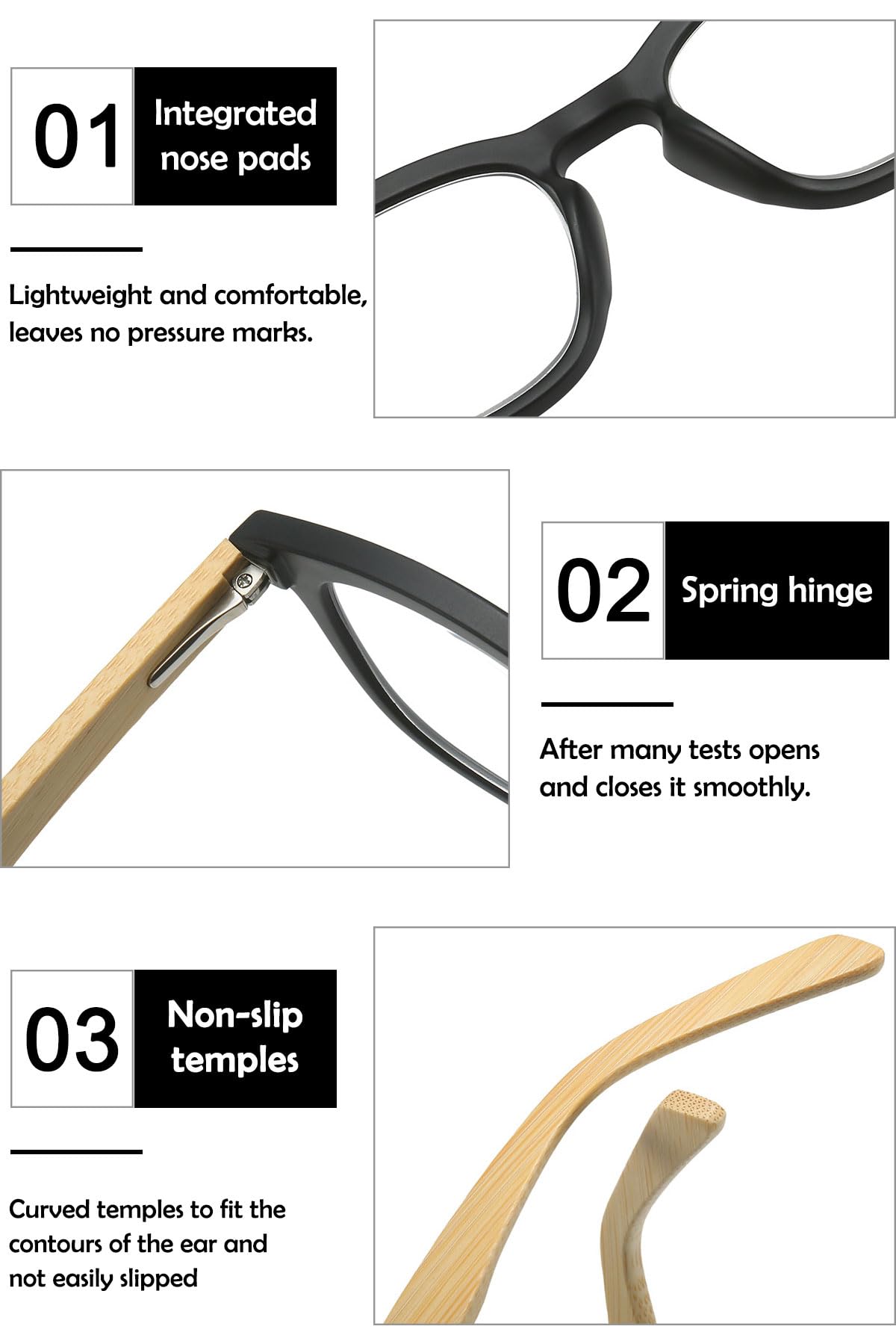 KOOSUFA Mode Lesebrille Damen Herren Bambusimitat Bügel Leicht Federscharnier Nerdbrille Lesehilfen Sehhilfe Anti Müdigkeit Brille mit Stärke 0.0 1.0 1.5 2.0 2.5 3.0 3.5 4.0