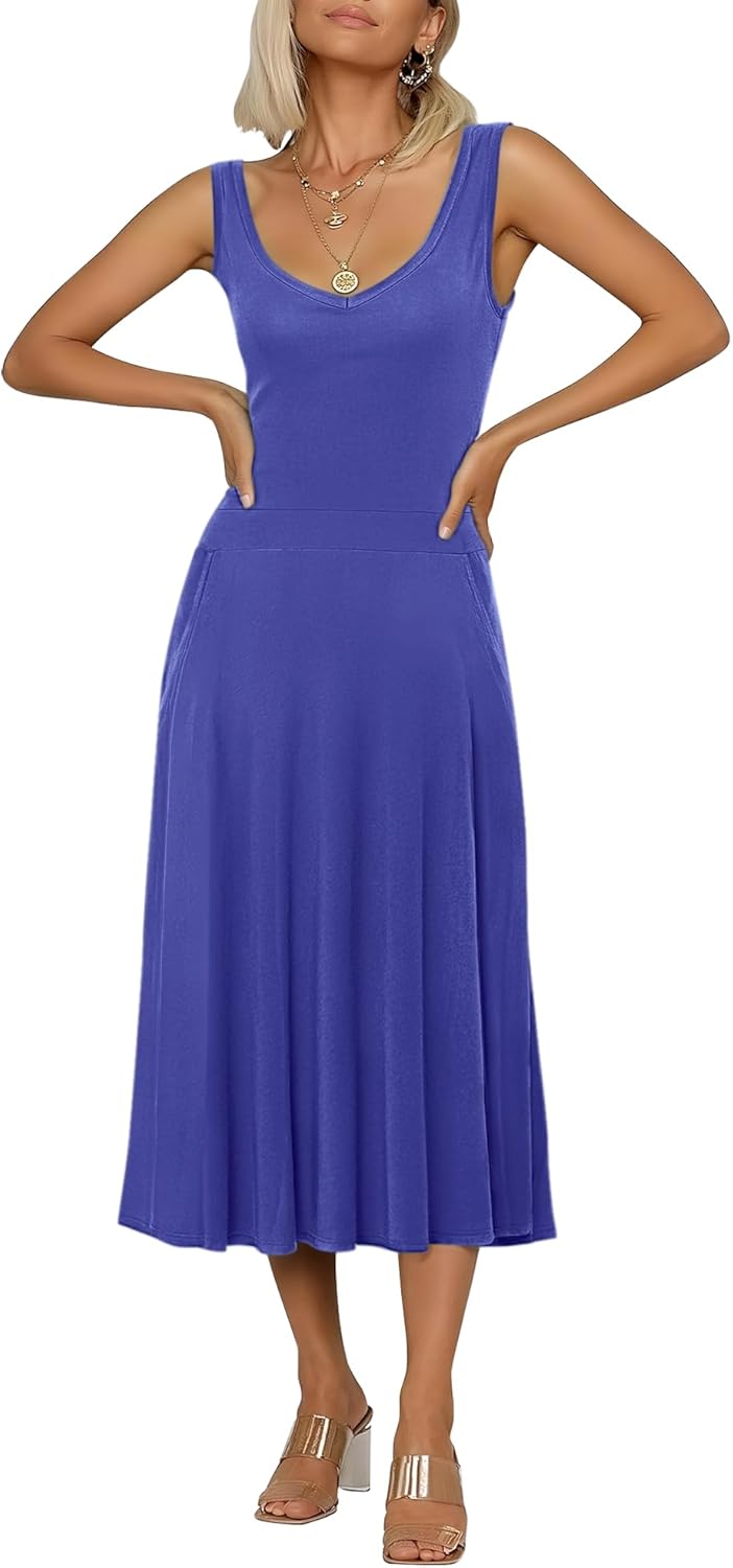 Urban CoCo Women's Summer Casual Sleeveless Flared Midi Dress Swing T-Shirt Dresses with Pockets