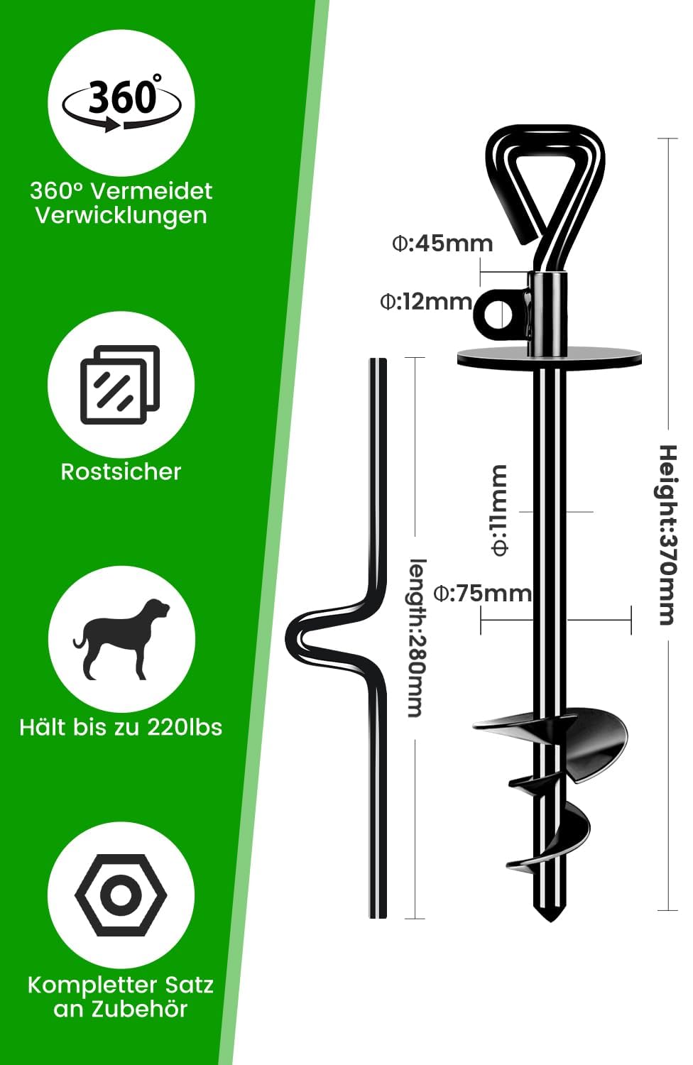 Piquet de Rotation Professionnel pour Chien Jusqu'à 100 KG, Mise à Niveau Piquet pour Chien Système Antirouille, Ancrage Sol Dur Chien avec Rotation à 360°, Matériel Camping avec Un Pinceau