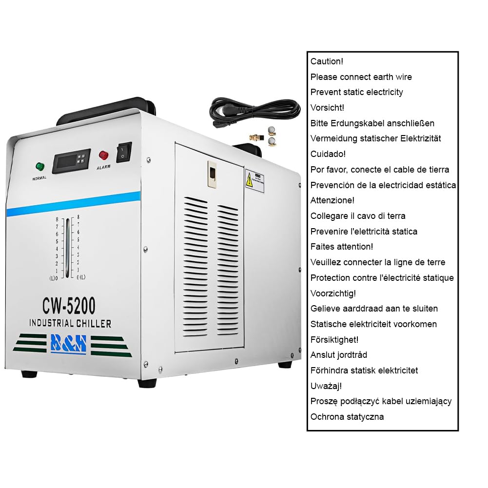 Enfriador de Agua Refrigerado Industrial 220V CW-5200DG para Tubo Láser de CO2 130/150W, Enfriador de Tubo Láser de Vidrio CO2 con Termostato Preciso, Tanque de Enfriamiento de 6L 1400W(CW-5200)