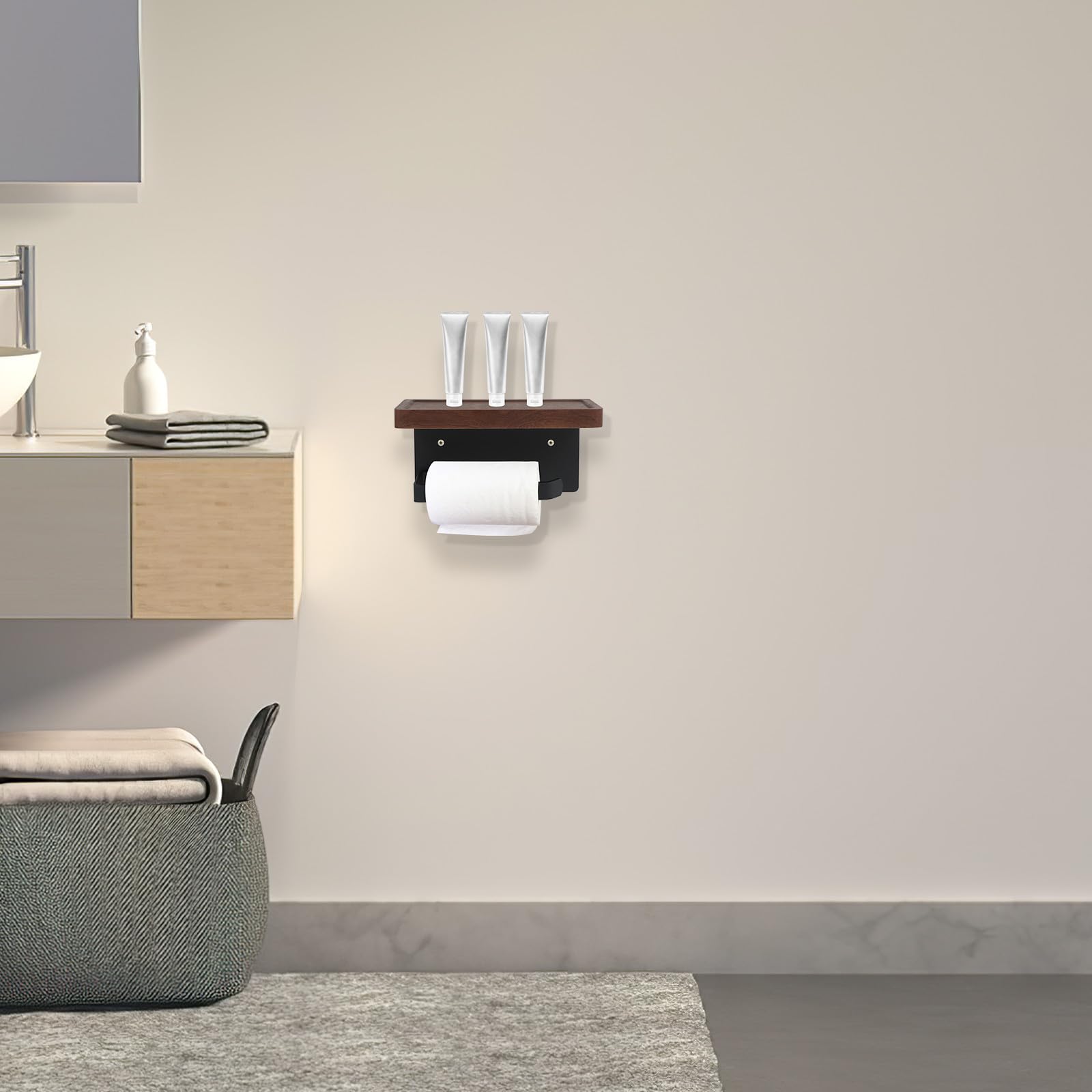 Portarrollos de papel higiénico multifunción de madera de nogal negro con estante integrado, soporte resistente para accesorios de baño y rollos de papel higiénico, diseño de madera
