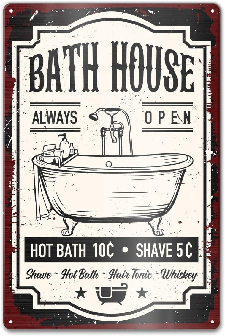 SMAZDFXX Farmhouse Bathroom Metal Sign Wall Decor, Bath House Open Tin Signs Rustic Wall Art Decorations for Restroom Bathhouse 8"x12"