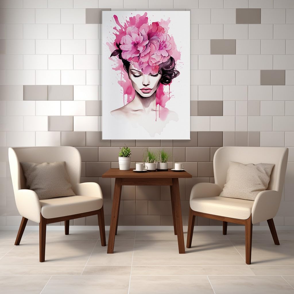 Canvas for Living room. Whispers of Blossoms: A Watercolor Portrait of Serenity, 27 x 18 inch Canvas Wall Art - Contemporary Masterpieces - Modern Home Decor