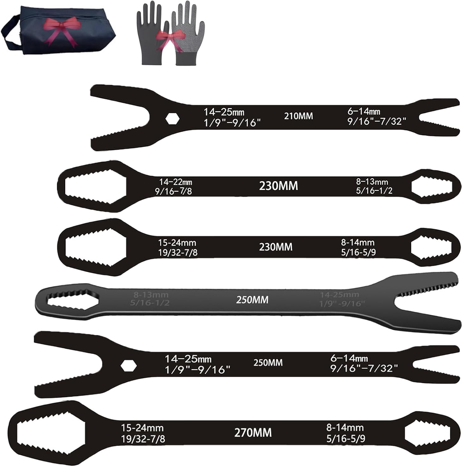 Universal Double Ended Wrench, 8-25mm Self Adjusting Torx Wrench, 5mm Thick, with Storage Bag & Gloves, Multi Wrench for Car Motorcycle Repair and DIY Projects (6pcs-1)