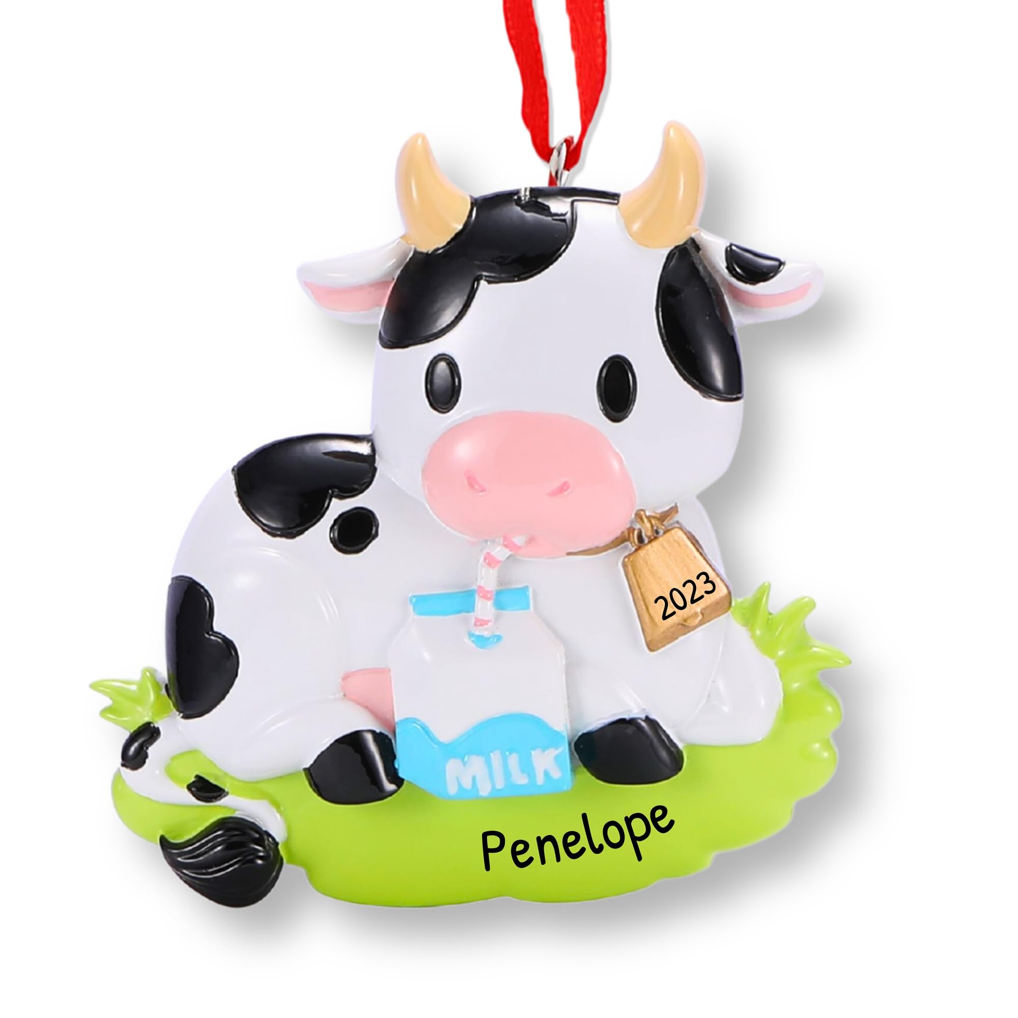 Ornaments by Elves - Personalized Traditional Cow Ornaments 2024 - Black White and Pink Primitive Cow Drinking Milk Unique Ornaments for Christmas Tree Farmhouse Decor in Giftable Packaging