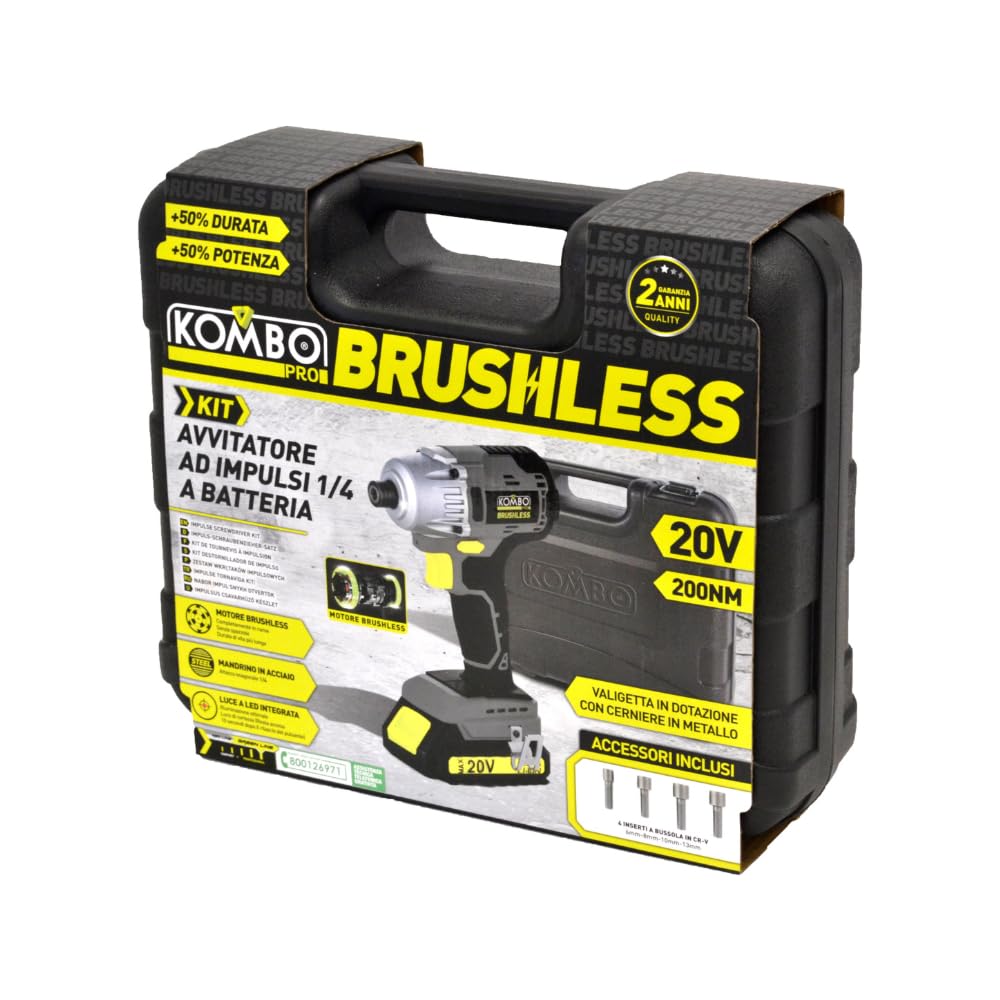 KOMBO PRO Zestaw wkrętarek udarowych BRUSHLESS 1/4" 20 V - 200 Nm, 2500 obr./min, bateria 2,0 Ah, szybka ładowarka, 4 kompasy w twardej walizce do precyzyjnych zastosowań i profesjonalnej pracy