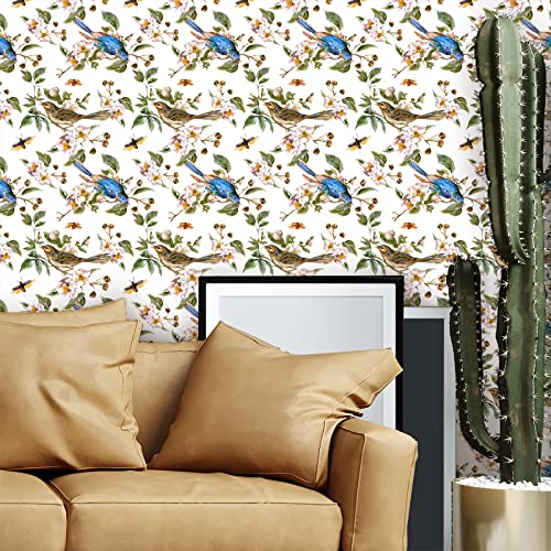 Cre8Tive White Floral Peel And Stick Wallpaper Boho 24"X118" Bird Bee Floral Wallpaper Botanical Flower Wallpaper Removable Self Adhesive Floral Contact Paper For Bedroom Bathroom Cabinets Drawers #TOP2