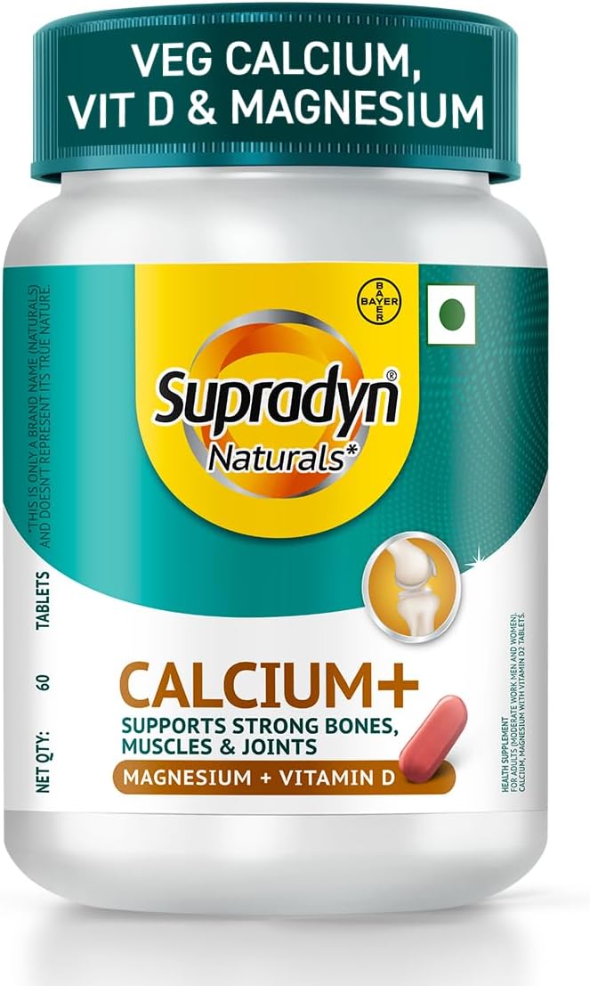 Naturals Calcium with Vitamin D & Magnesium (60 Tablets) from Indiaโs No. 1 Multivitamin Tablet Brand | 100% Veg Calcium Tablets for Women and Men | Supports Bone Strength, Muscle Function & Joint Health