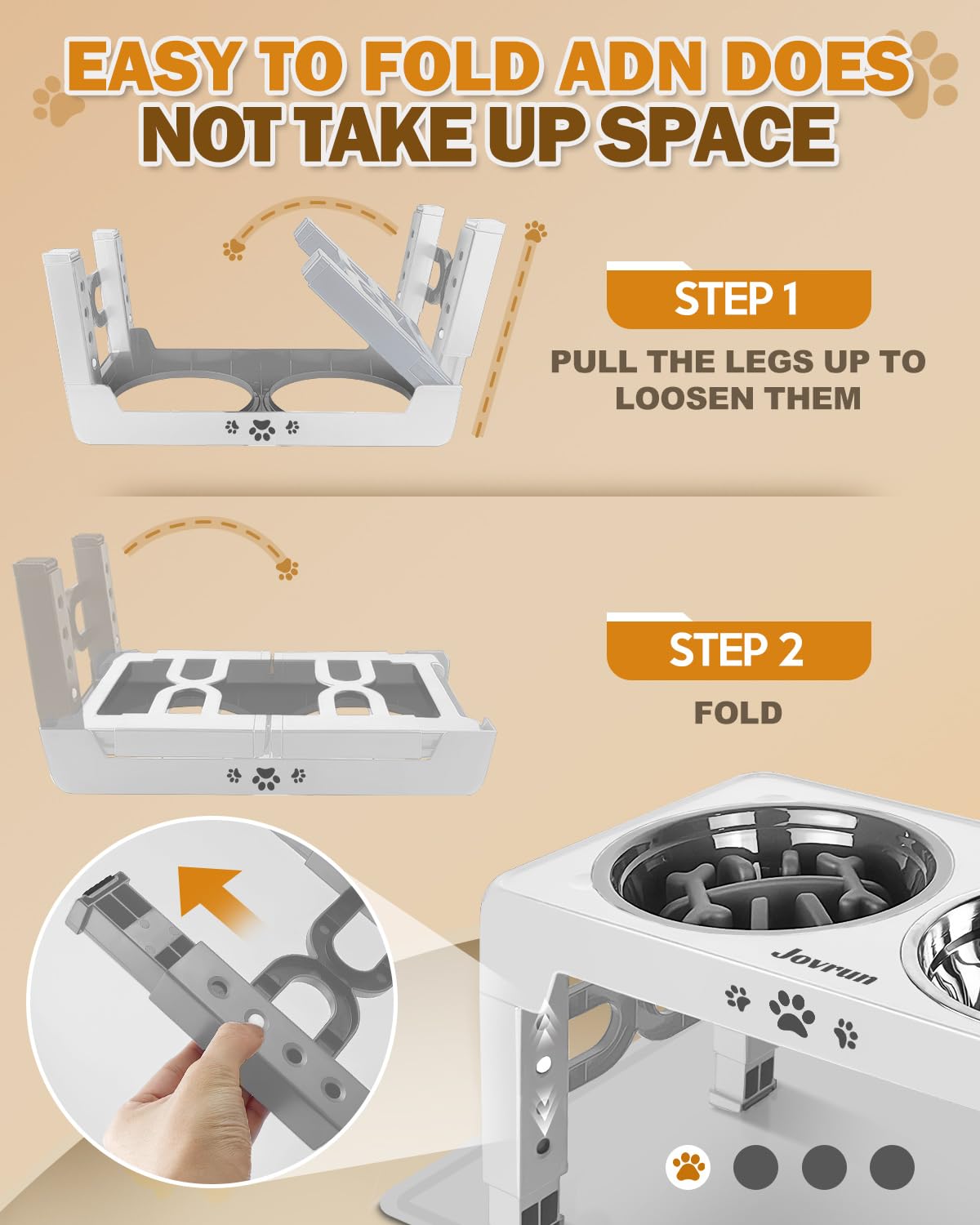 Jovrun Cuencos elevados para perros, soporte elevado ajustable de 5 alturas para perros medianos y grandes, comedero para perros con 2 cuencos de acero inoxidable y 1 cuenco de alimentación lenta para