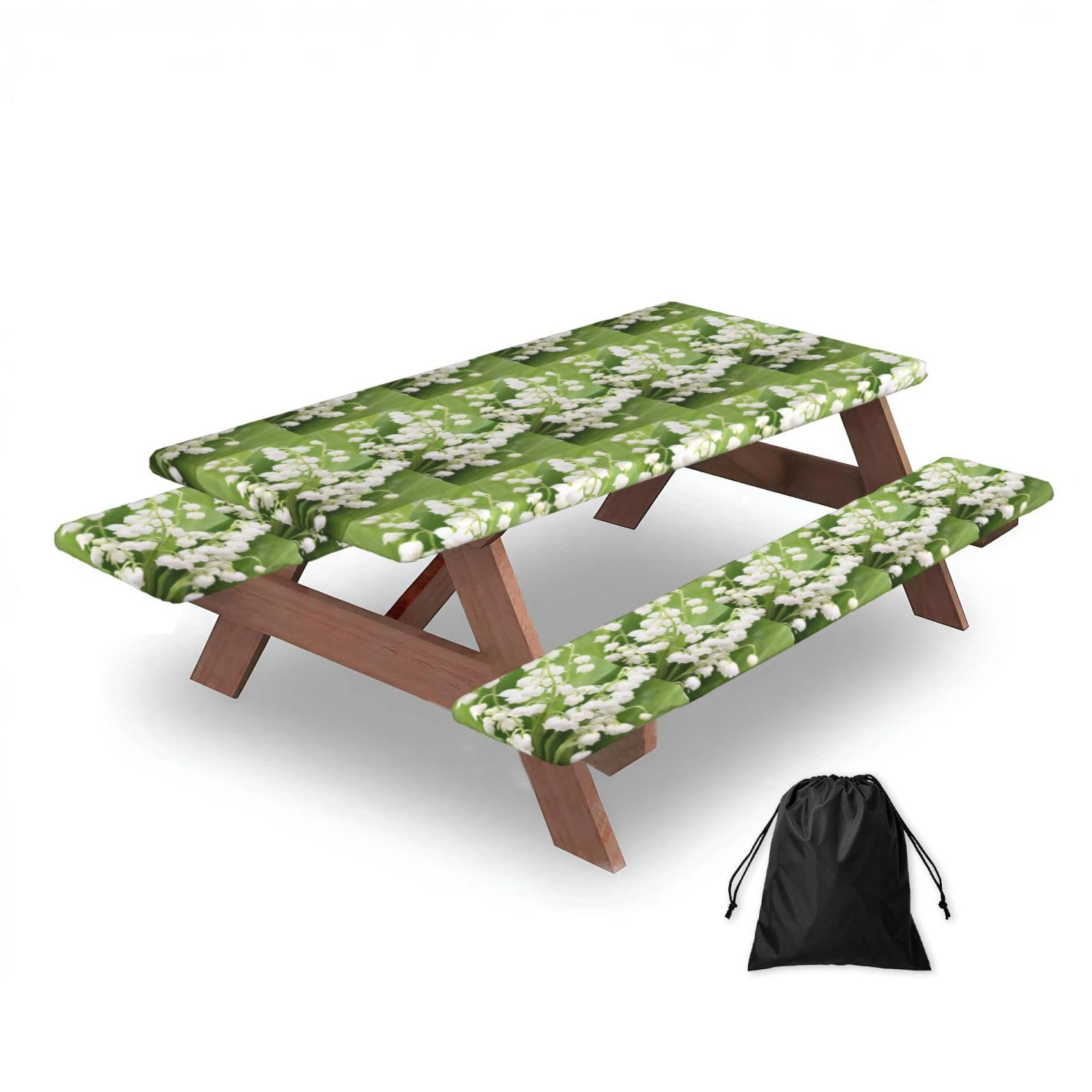 Dopklna As Picture Lily Of The Valley, Picnic Table Cover With Bench Covers -Waterproof Elastic Fitted Tablecloth For Garden Camping Patio 76X152cm