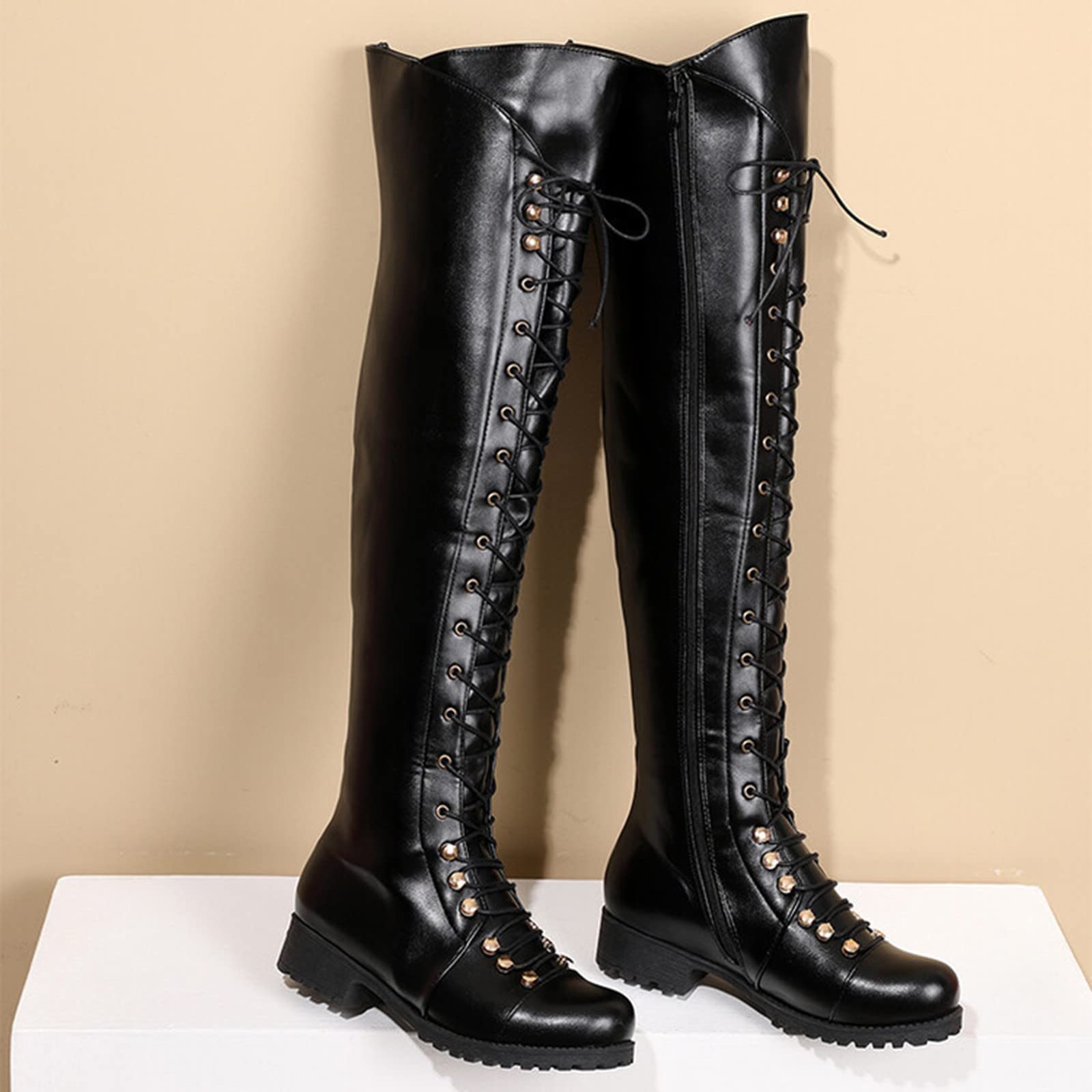 Botas Militares Mujer Altas - Botas Con Cordones Mujer Punta Redonda Moda Retro Hasta La Rodilla Bota Tacones Bajos Clásicas Sólido Cremallera Lateral Cómodas Salvaje Otoño Invierno Casual Bota