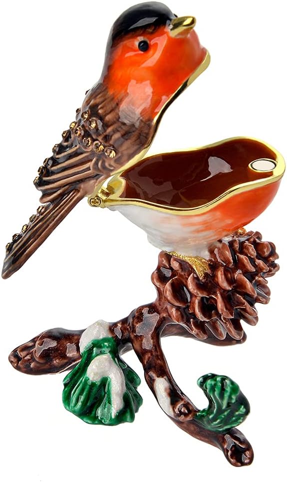 Golden Crystal Enameled Robin Jewelry Box, Hand-Painted Hinged European Robin Trinket Box, Elegant Home Décor & Unique Gift for Bird Lovers
