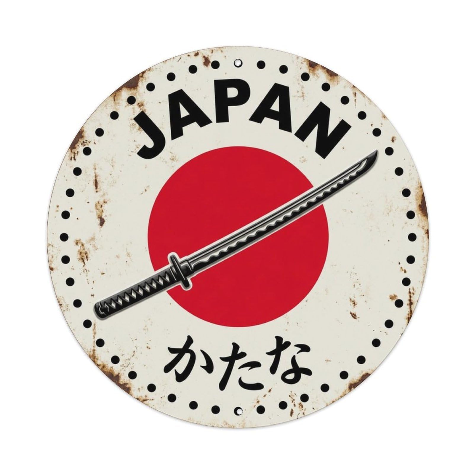 Katana Sword Japan Curved Blade Vintage Museum Label Metal Tin Sign Plaque Wall Decor for Cafe, Man Cave, Club Bar, Office, Home Garden Round Metal Poster 8x8Inch