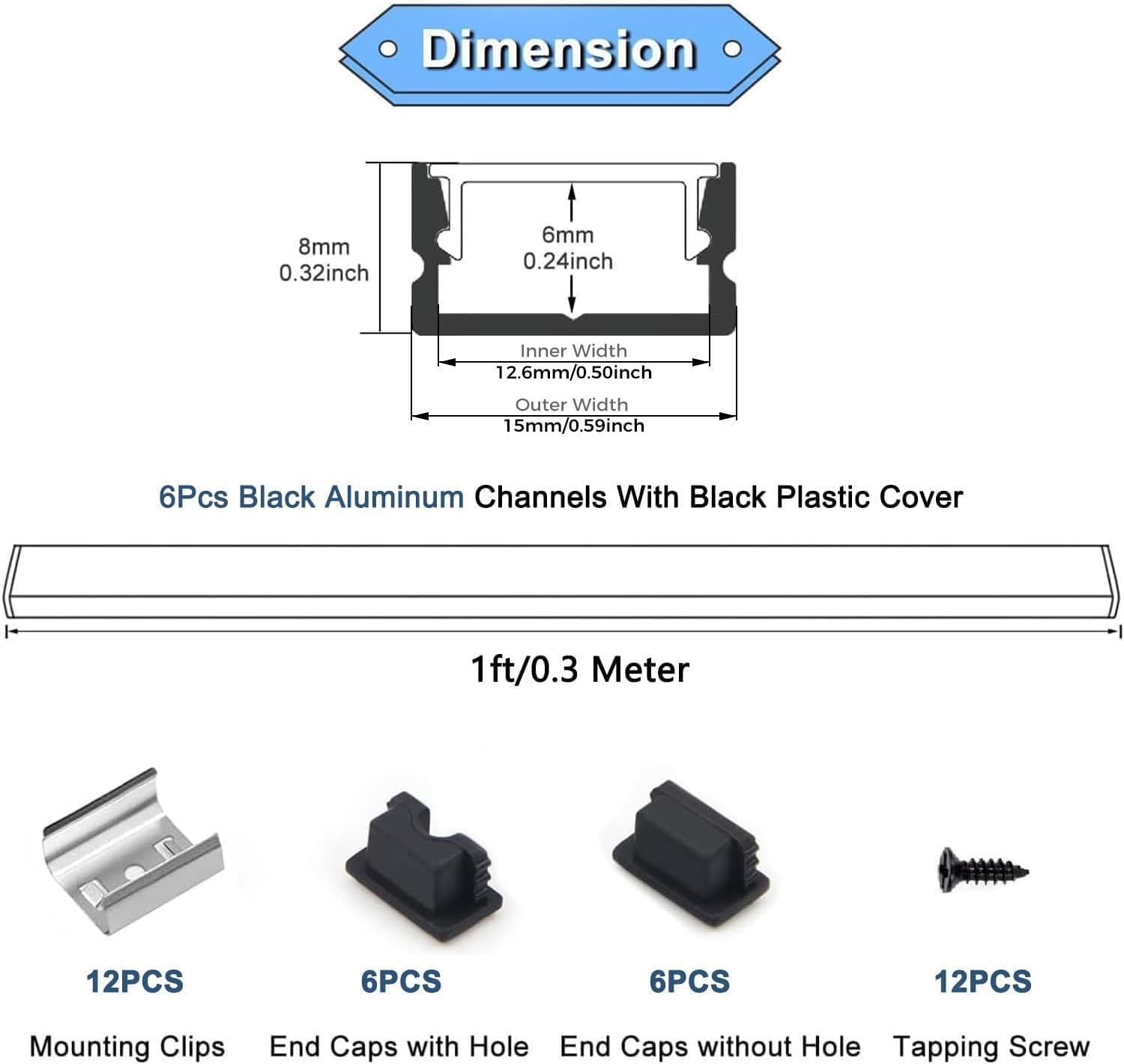 VST 6Pack 1ft Black LED Aluminum Channel with Black Smoky Transparent Cover U Shape 15x8mm, Led Strip Light Track with End Caps and Mounting Clips Accessories, for Led Strip Lights image 2