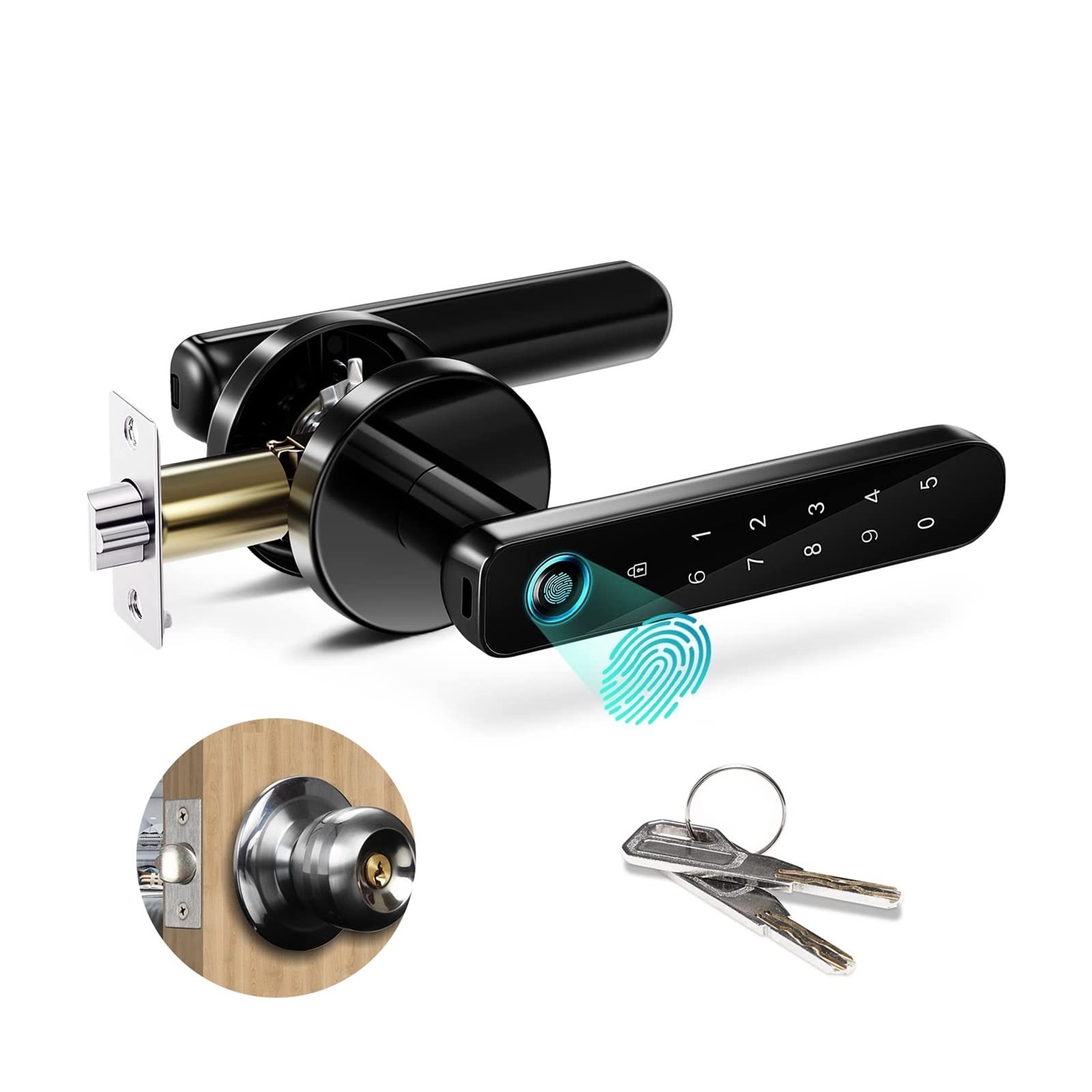CVFRDD Smart Door Knob, Tuya Electronic lock Digital Biometric smart fingerprint reader door handle Security Password Door knob For HomeC001 Keyless Entry Door Handle(C002 BK with gateway)