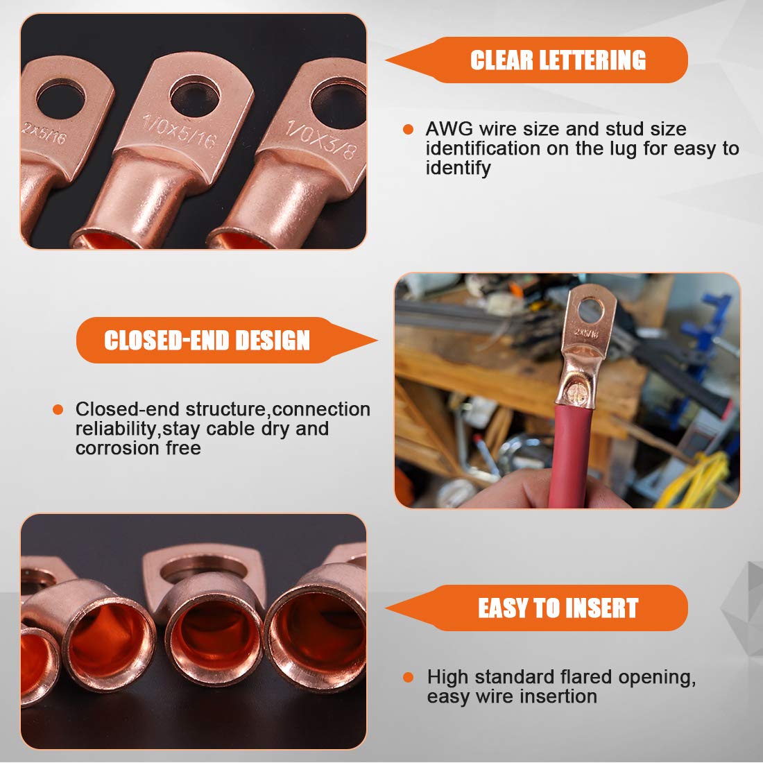 Rustark 15 Pack 4 AWG-3/8"Copper Wire Lugs, UL Listed Heavy Duty Battery Cable Ends, AWG Crimp Wire Ring Lugs, Eyelets Tubular Ring Terminal Connectors (4 AWG-3/8" Ring)