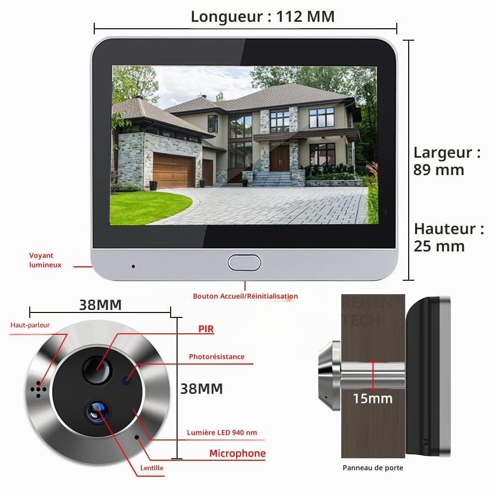 A1 Audio bidirectionnel, judas numérique à batterie 3,0 MP avec microSD de 32 Go, judas vidéo sans fil avec écran couleur de 4,3 pouces, caméra de porte, angle 140°, détection de mouvement PIR