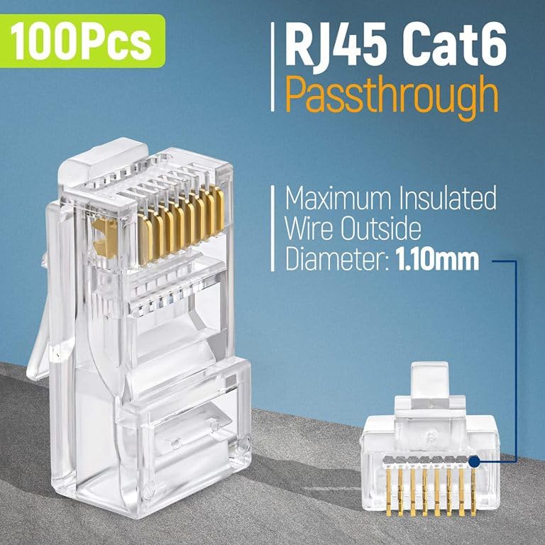 Image of ComTech RJ45 Cat6 PassThrough Connectors RJ45 Ends,(Pack of 100) Cat5 Cat5e Cat6 8P8C Modular Plug Ethernet Cable Crimp Connectors UTP Network Plug, Solid & Stranded Wire, LAN Crimp Ends
