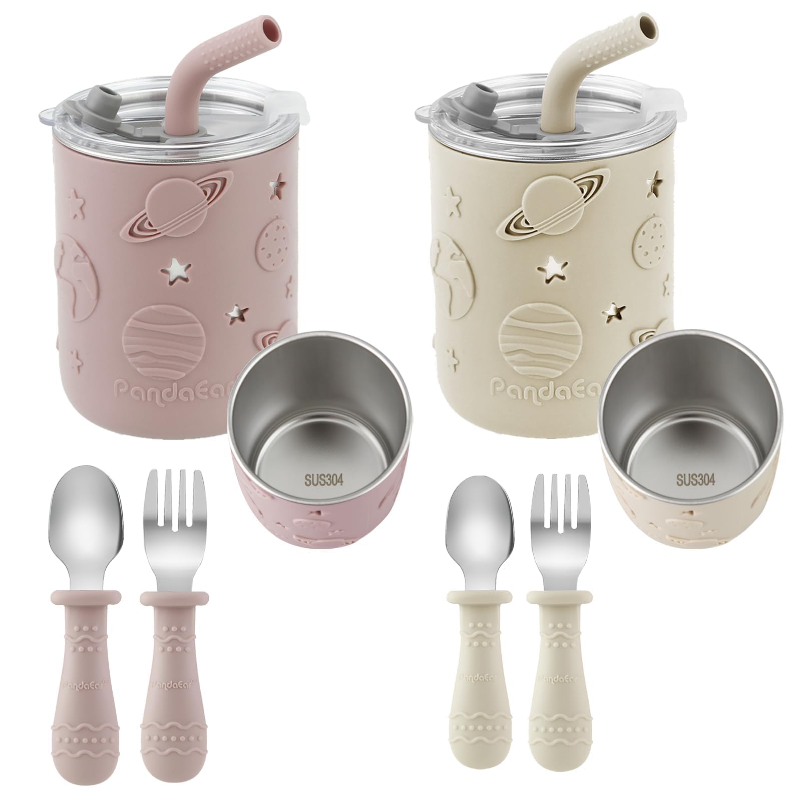 PandaEar 2 Toddler Cups with Lids, Straws, Spoons & Forks, Pink/Linen