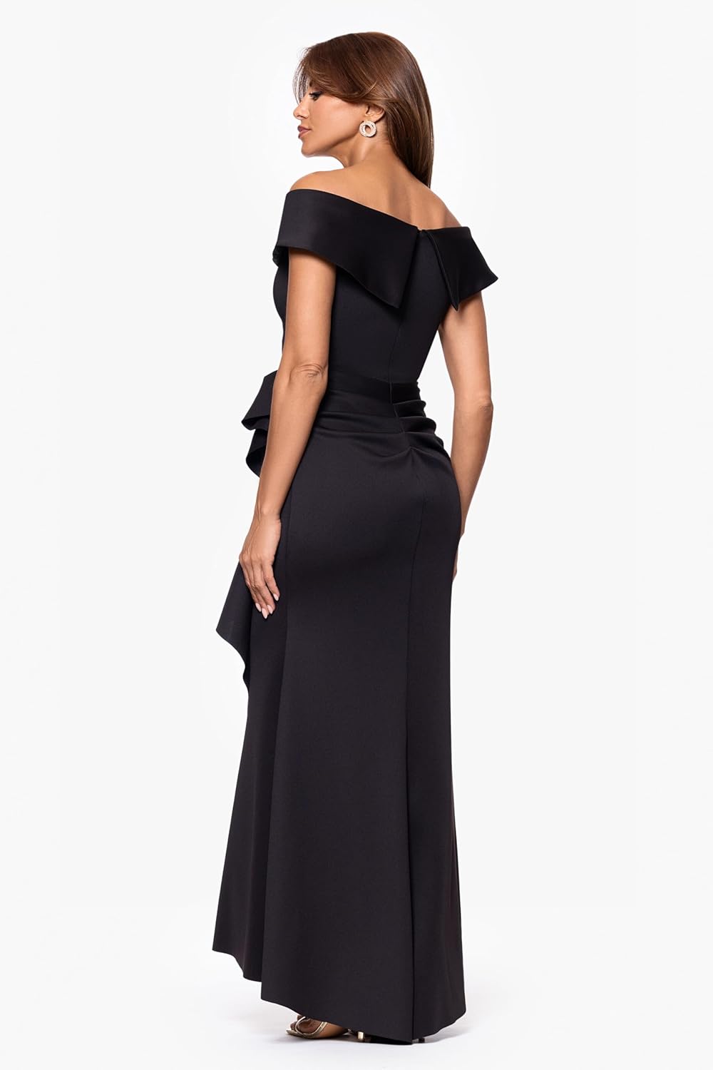 Xscape Womens Long Off Shoulder Sweetheart Neck Side Ruffle Gown (Reg and Petite) - Image 3