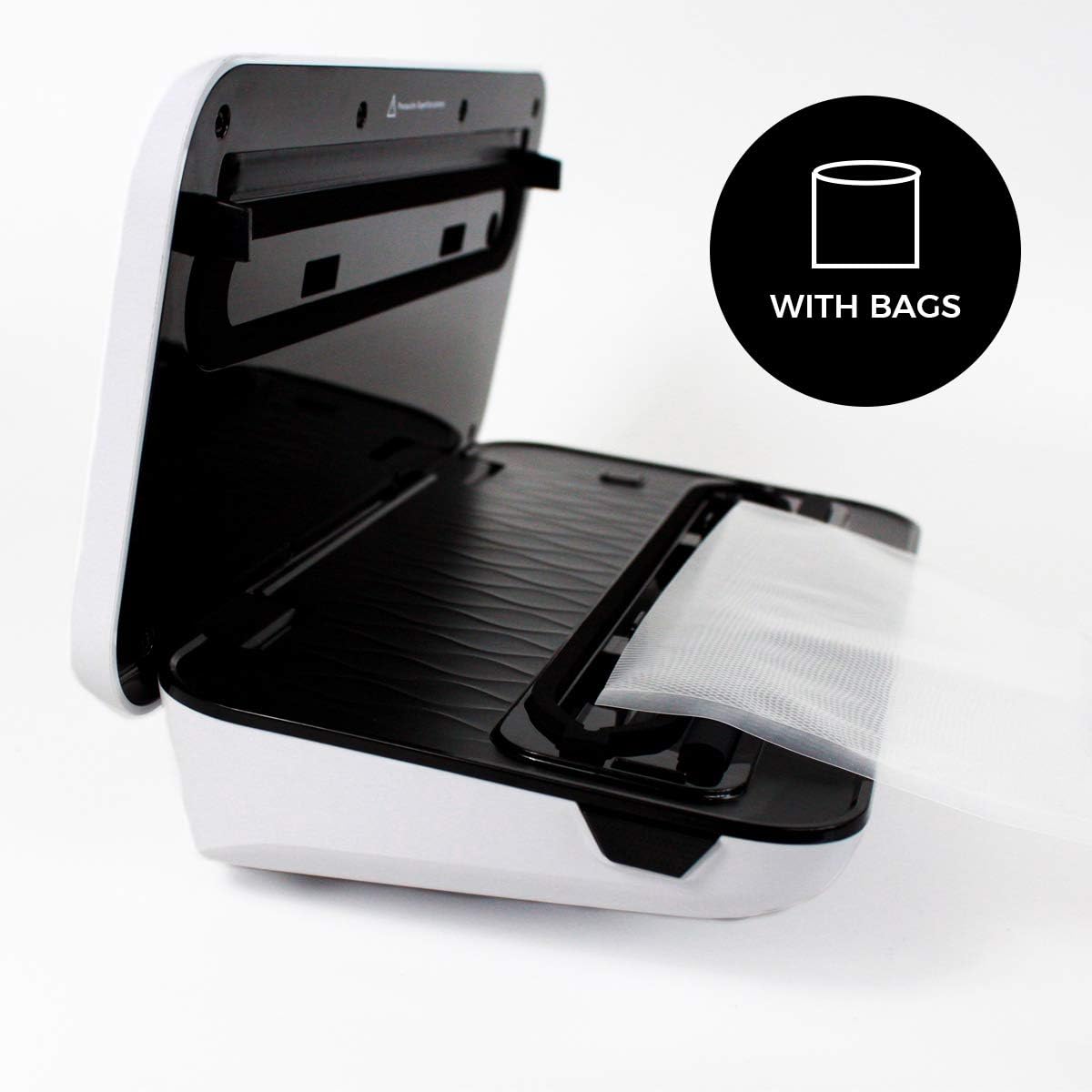 PRIXTON VS100 Vacuum Sealer open, showing a vacuum bag being inserted into the sealing channel