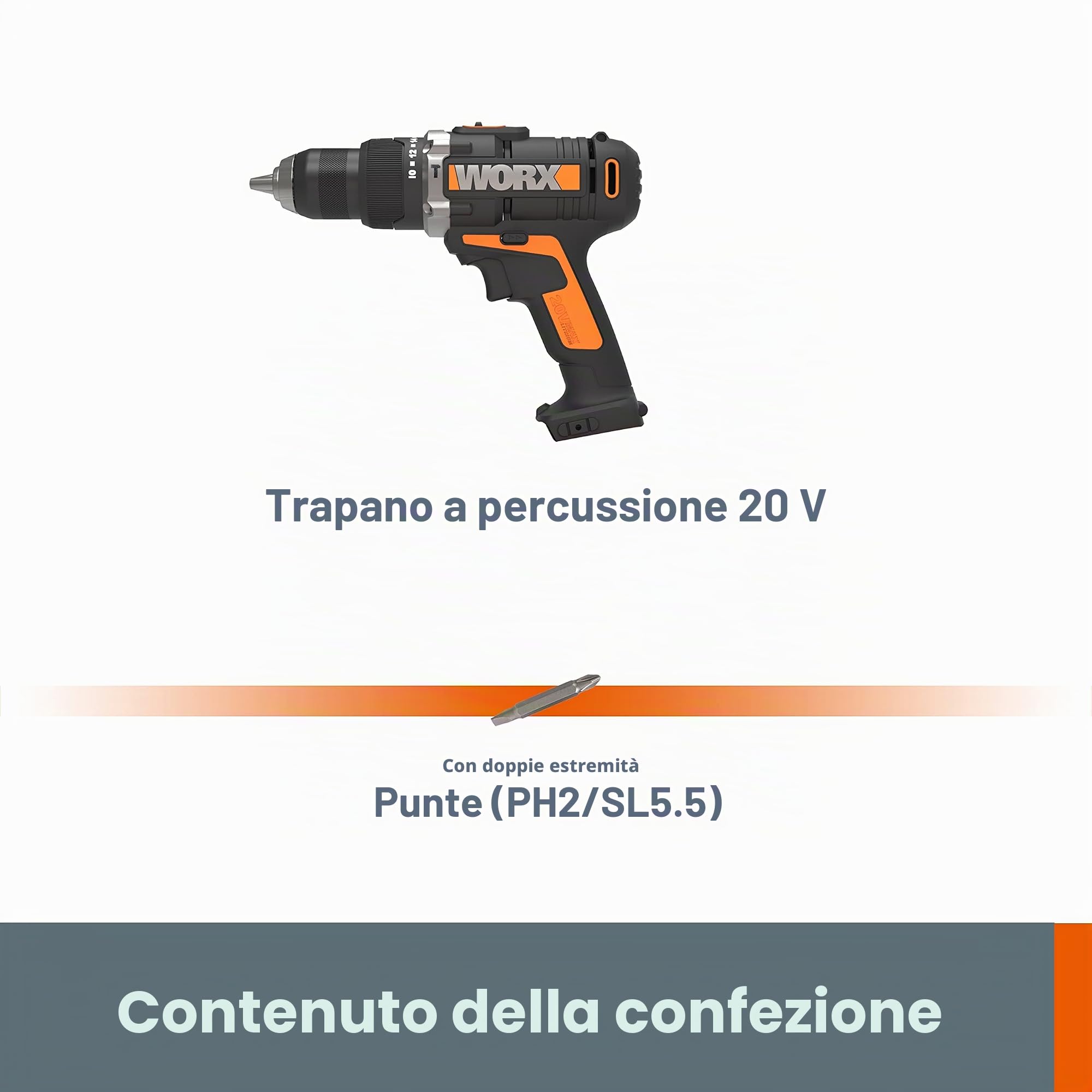Worx WX372.9 Trapano Avvitatore con Percussione a Batteria 20V, 13 mm Mandrino a Sgancio Rapido, 1.800 giri/min, Stile Numero 28.800 bpm, Luce da Lavoro, 1 Pezzo - Solo Corpo Macchina