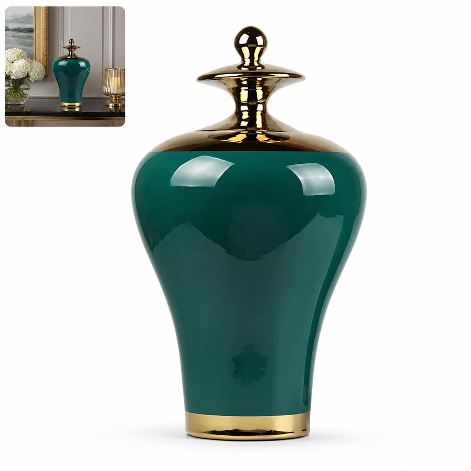 Ceramic Ginger Jar Vases With Gold Trim, Porcelain Storage Vase Temple Jars With Lid (blue,23 * 40cm)