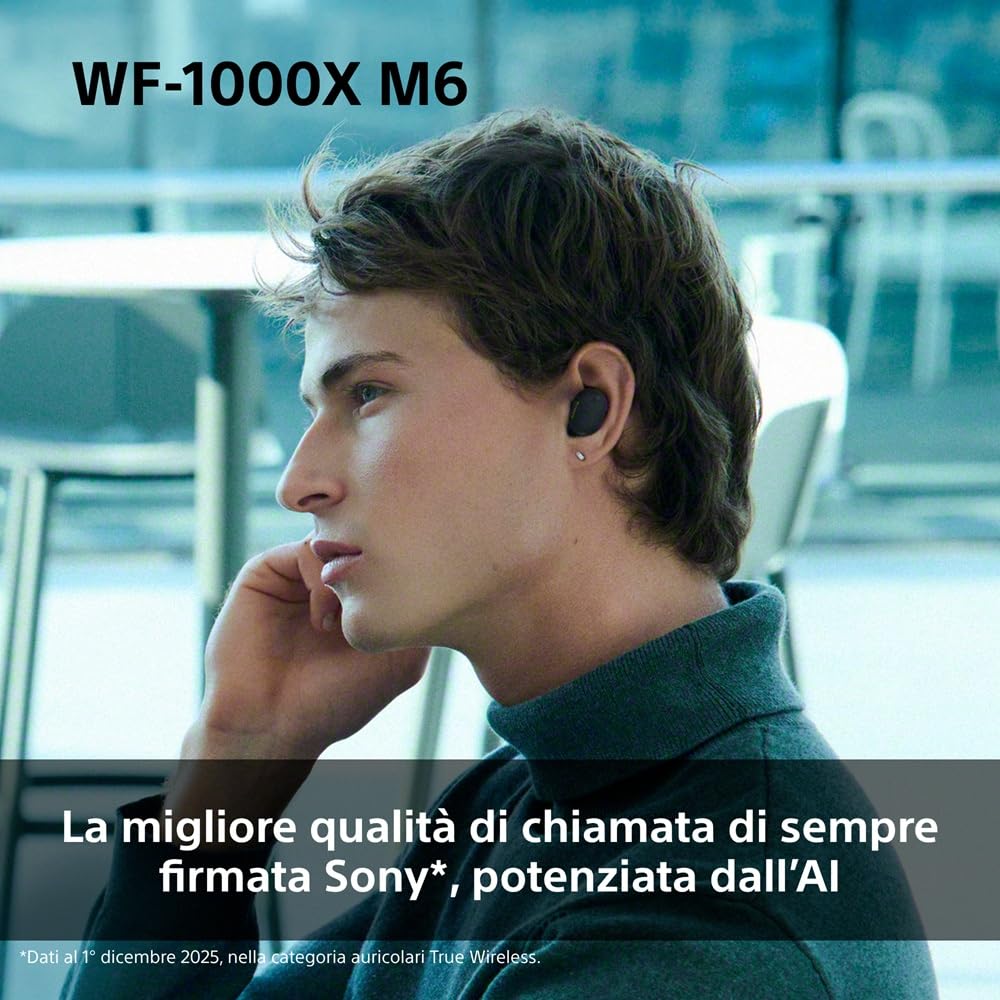 Sony WF-1000XM6: auricolari wireless top di gamma con noise cancelling, suono Hi-Res, chiamate nitide, EQ a 10 bande, autonomia fino a 24 ore NC on, IPX4, iOS/Android - Black