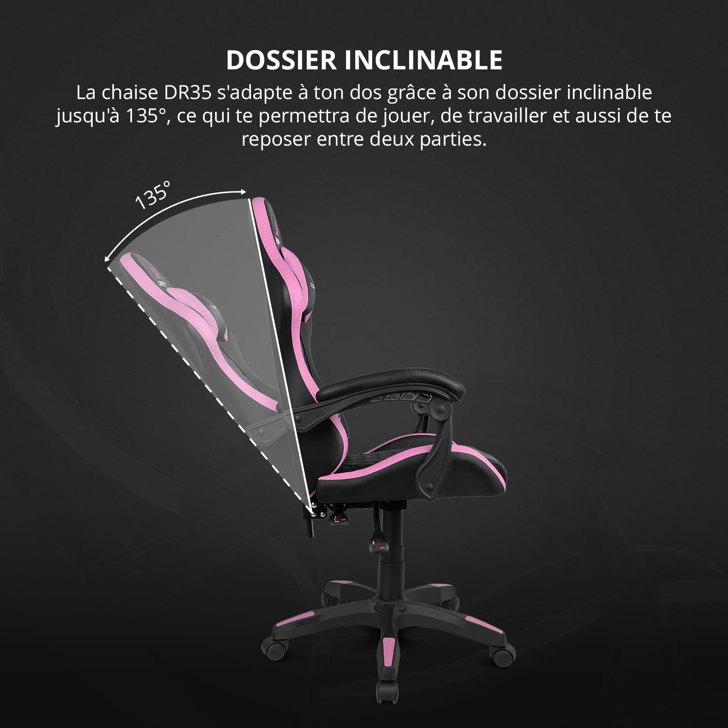 DRIFT GAMING DR35 - Chaise Professionnelle, Similicuir, Accoudoirs rembourrés, Piston Classe 3, Base en Nylon renforcé, Siège inclinable, Hauteur réglable, Coussin Lombaire/Cervical, Noir/Rose