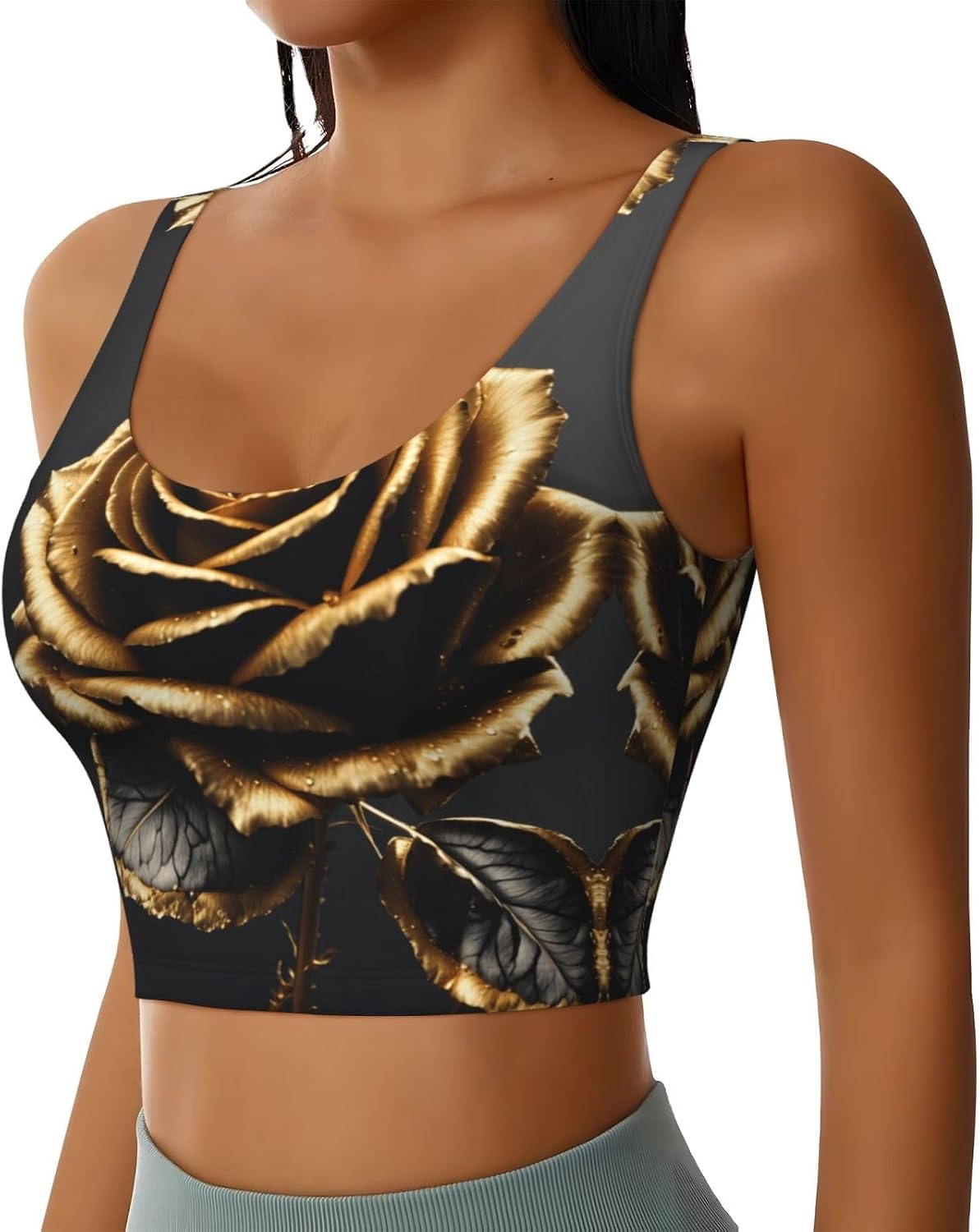 Black and Gold Flowers Print High Impact Sports Bras,Longline Sports Bra,Perfect for Yoga,Running and Gym Workouts