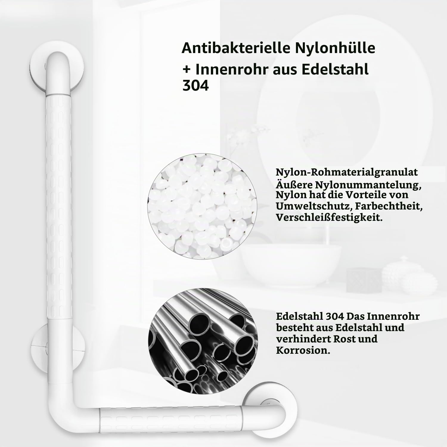 Haltegriff für Senioren, Dusche L-Form 60x40cm, WC Griff Edelstahl Weiß | Wandmontage, geeignet für Behinderte, Badewanne und Badezimmer, Duschgriffe bis 300kg Belastbar