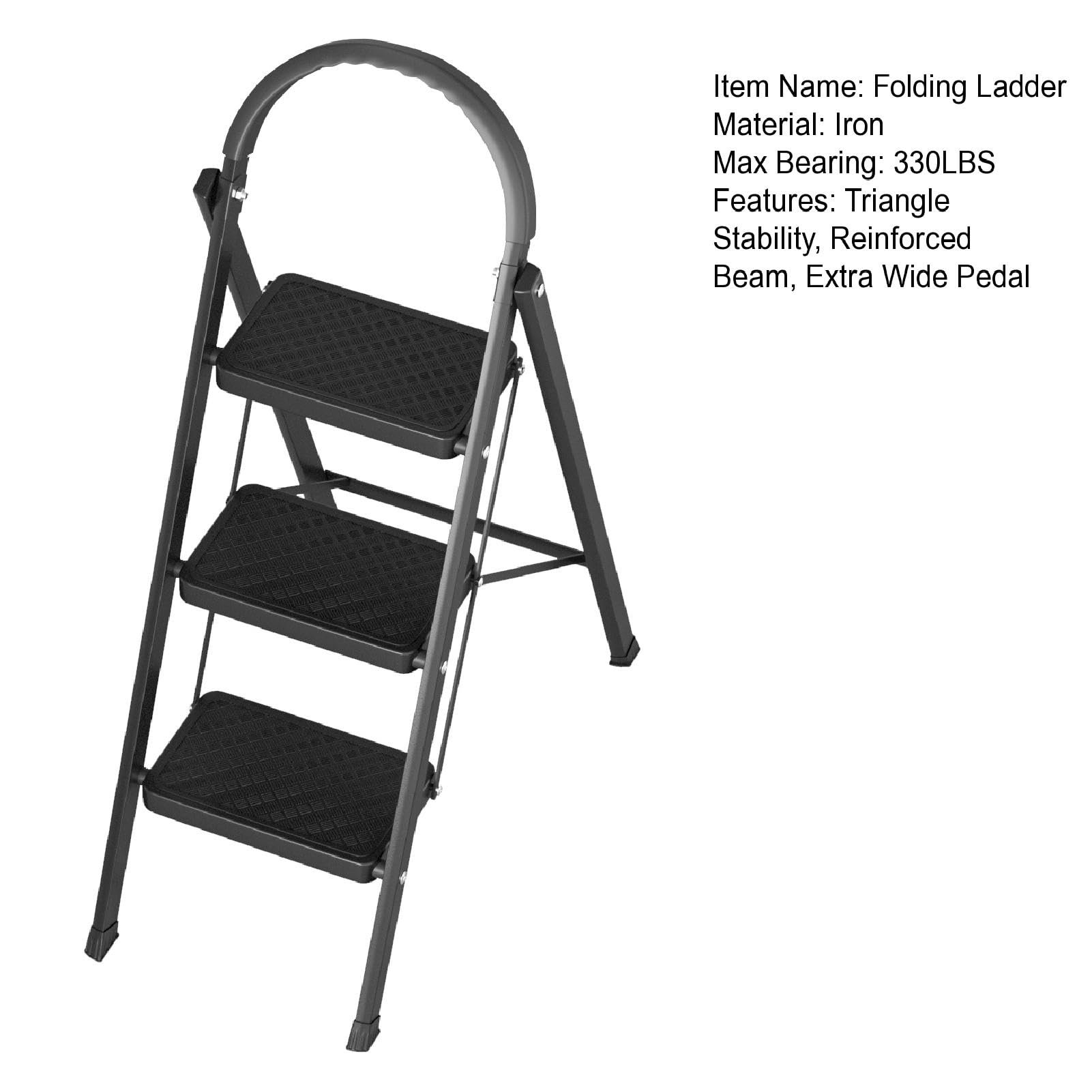 Escabeau 3 Marches Pliable, Escabeau Pliant Robuste Portée 150 kg, Petite Échelle Pliante avec Marches Anti-Dérapantes, Échelle de ménage pour Cuisine, Maison et Jardin (Noir)