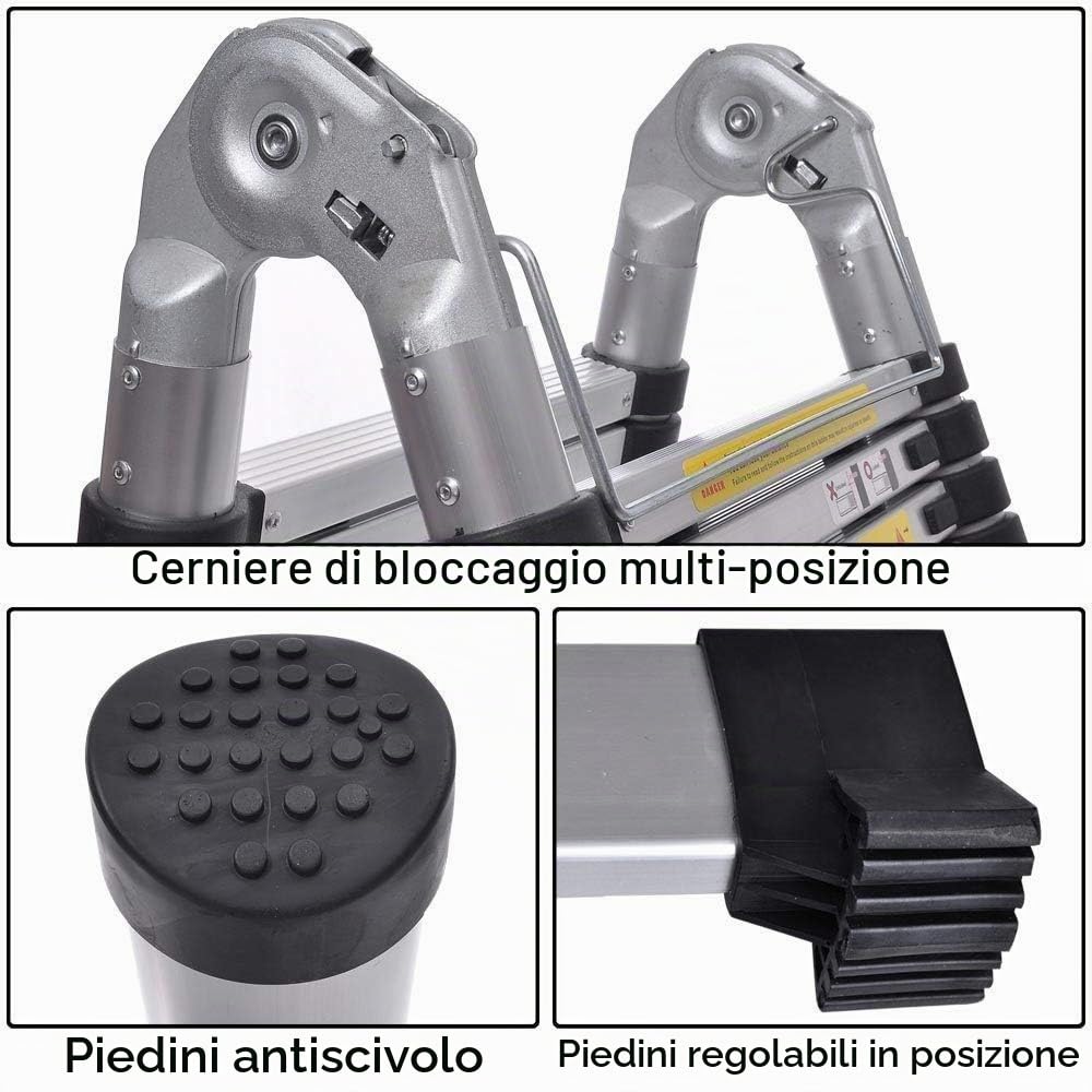 Scala telescopica pieghevole da 5 m, con gomma antiscivolo, multiuso allungabile, 150 kg, in alluminio
