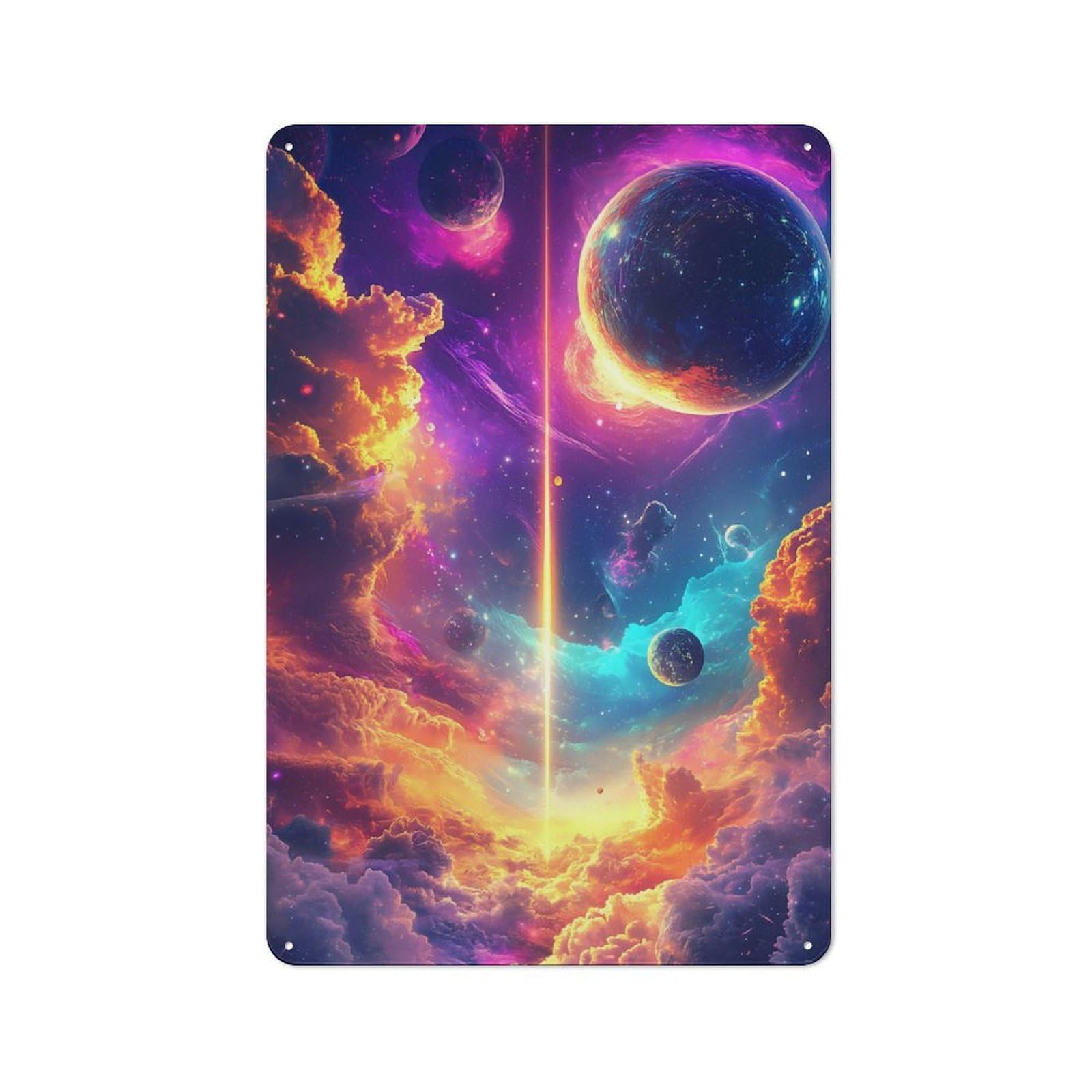Nostalgic Cosmic Beam Neon Space Planets Clouds Nature Metal Wall Plaque 30x20cm, Retro Room Decor for Kitchen, Hallway, Bar Or Small Cafe