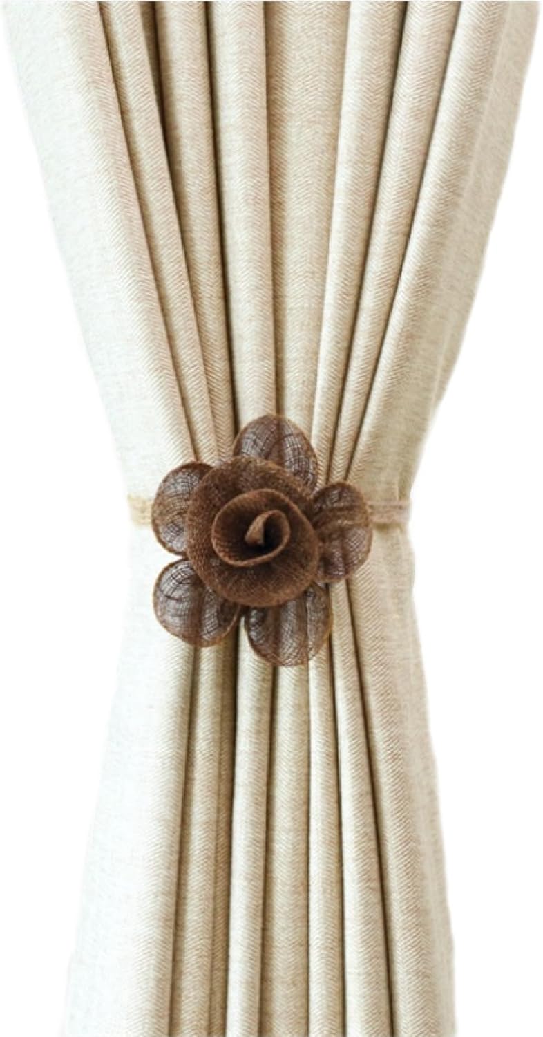 Curtain Ties 2 Pieces Cotton and Linen Five Petal Flower Curtain Buckle Magnet Strap No Perforated Installation Curtain Buckle Pink (Deep Coffee)