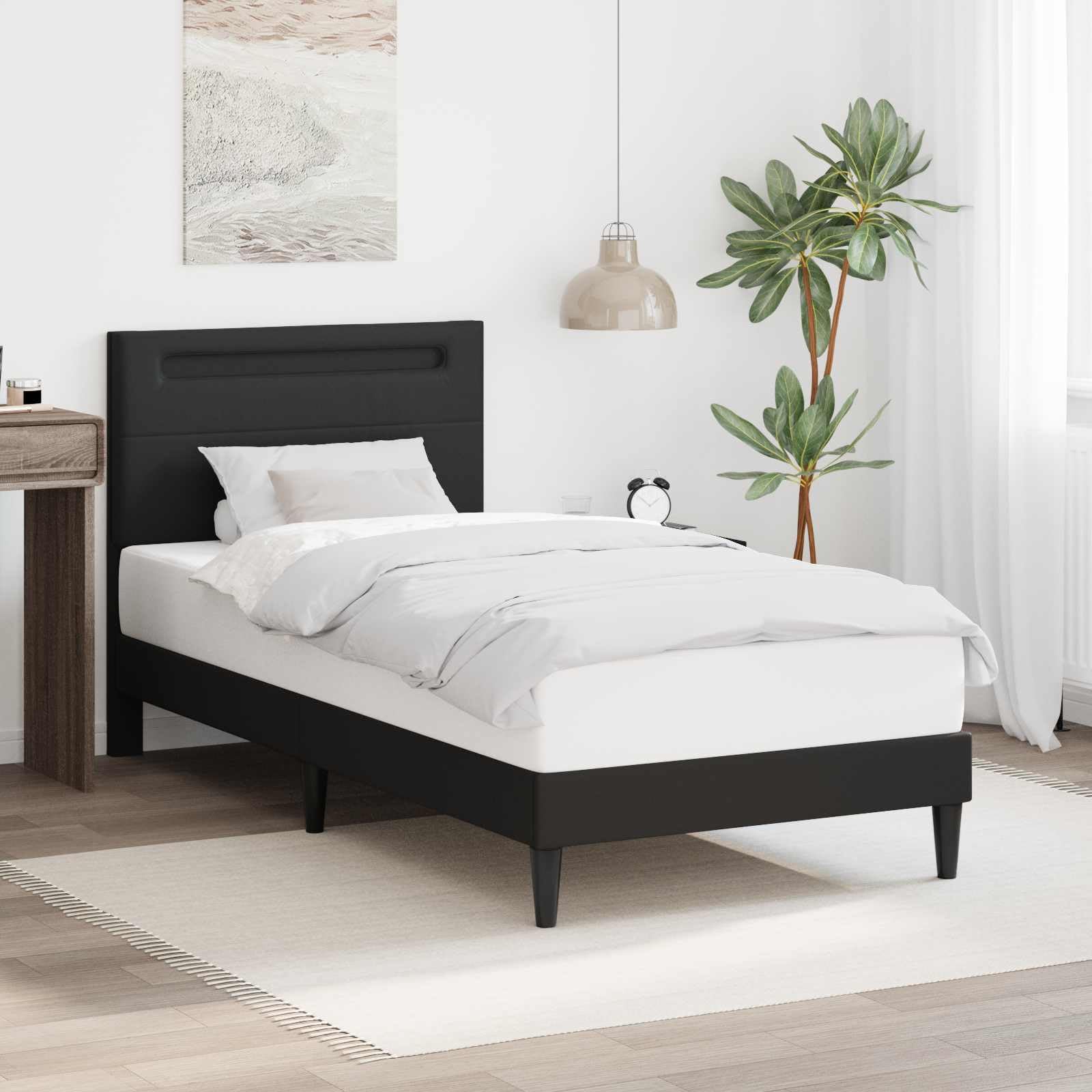 Marco de cama con tiras de luz LED, color negro, 90 x 190 cm, piel sintética, marco de cama moderno con fuente de alimentación USB para dormitorio, somier de láminas estable, patas de ahorro