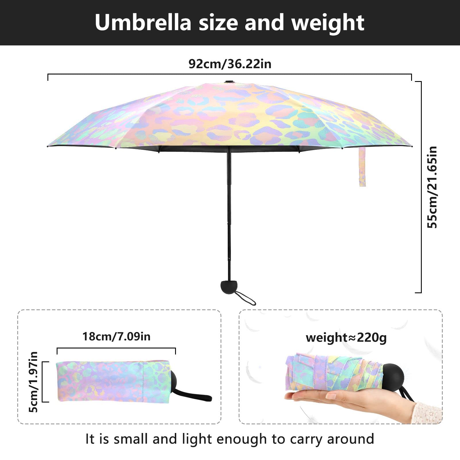 ALAZA Paraguas plegable con estampado de leopardo arcoíris y guepardo de oro rosa para lluvia, sol, viajes, mini paraguas compactos ligeros