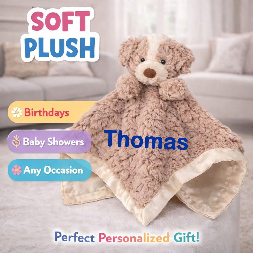 Personalized Puppy Security Blanket Lovey for Baby – Custom Name Plush Dog Snuggler Blanket, Soft Stuffed Animal Comfort Toy for Newborns, Toddlers