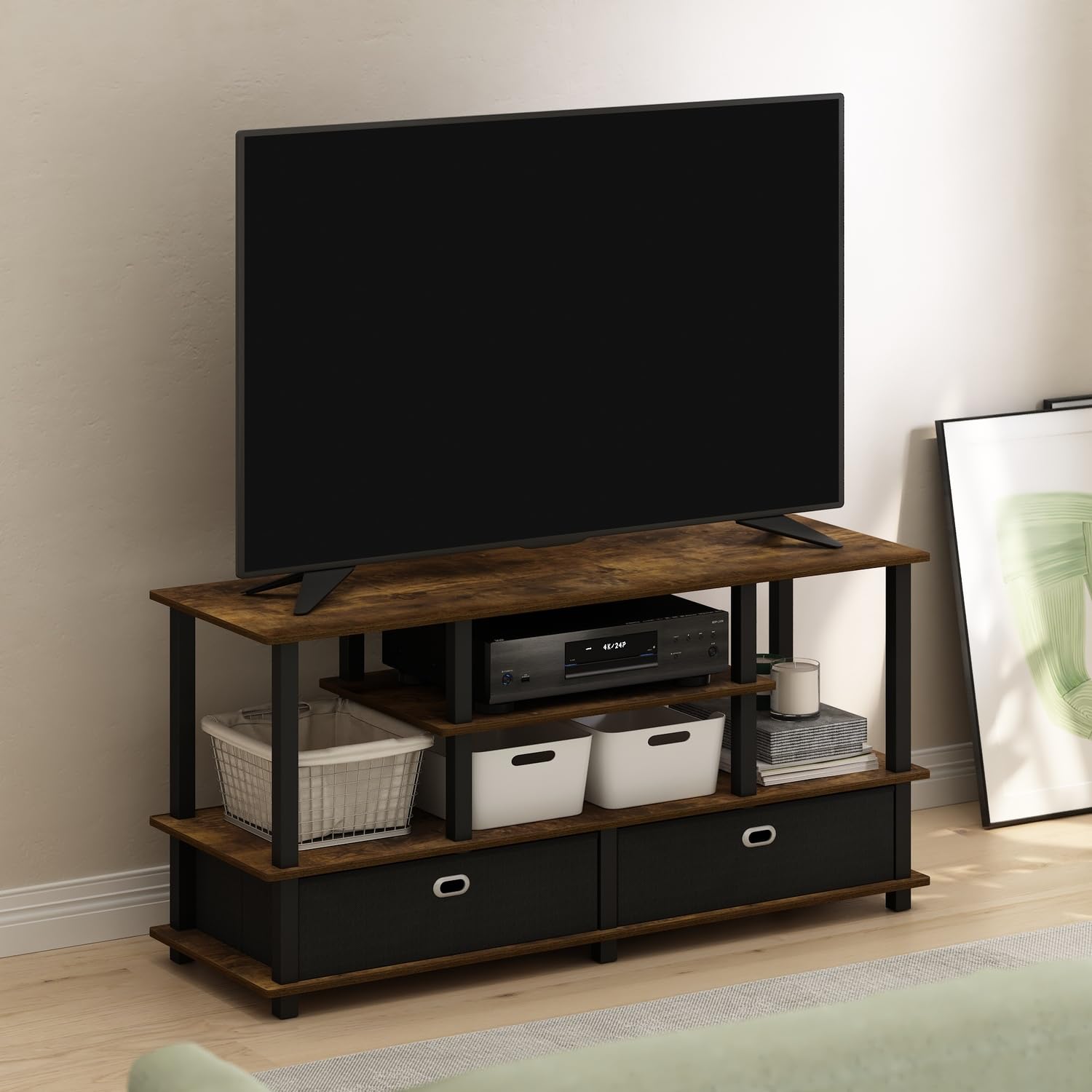 Furinno JAYA Mobile porta TV, centro d’intrattenimento a 4 livelli, consolle TV per TV fino a 55 pollici con 2 contenitori e ripiani aperti, per soggiorno, Pino ambrato