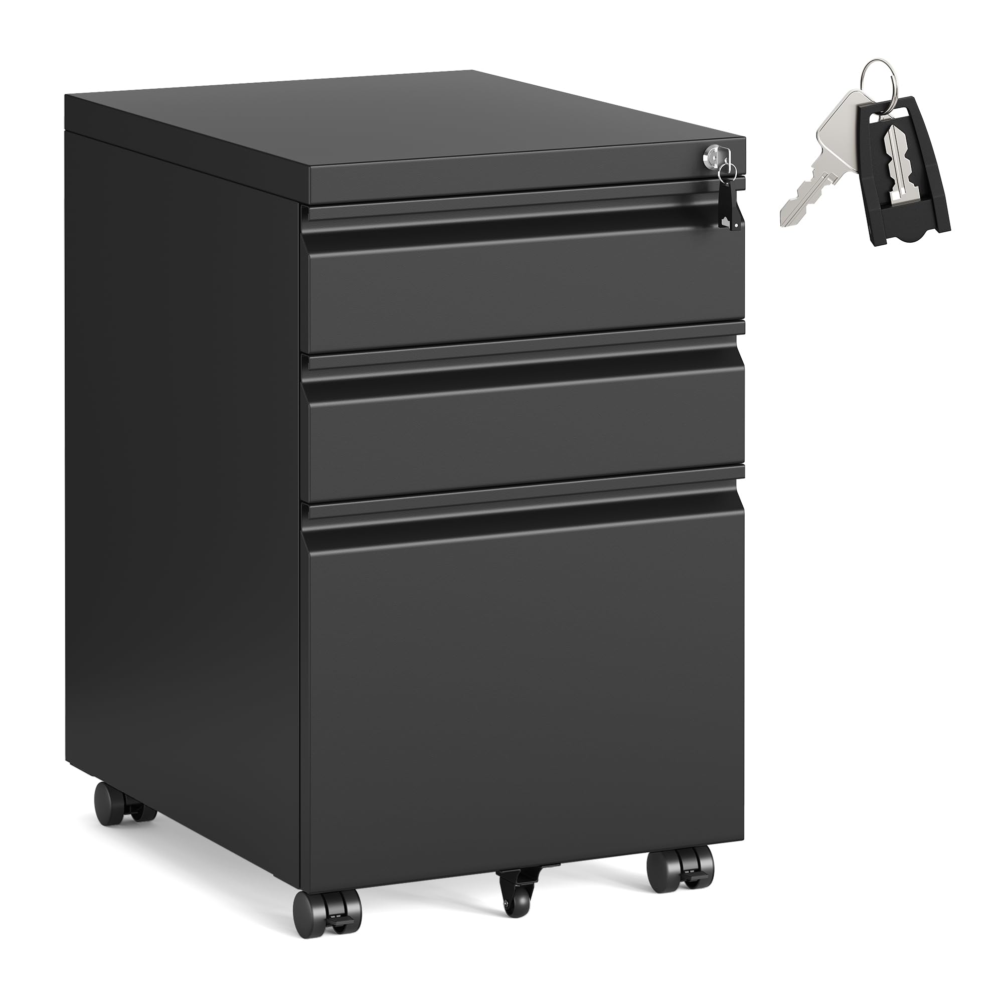 SONGMICS 3 Drawer File Cabinet, Metal Filing Cabinet for Home Office, Steel Construction, 3 Lockable Drawers, Rolling Printer Stand for Office, 39 x 50 x 62 cm, Matte Black OFC033B101