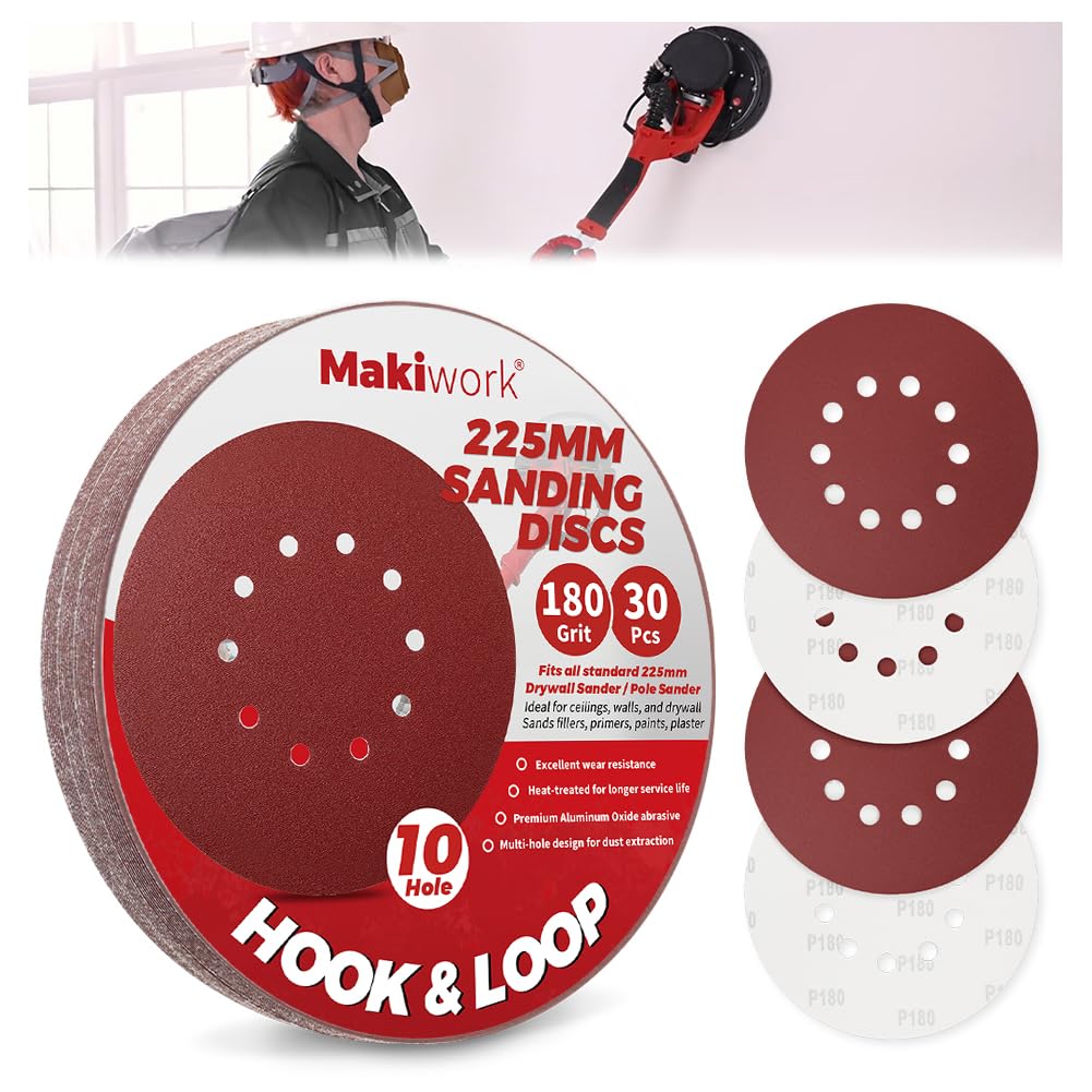 Makiwork 30PCS 225mm 10-Hole 180 Grit Hook & Loop Sanding Discs – Heavy-Duty Aluminum Oxide Sandpaper for Drywall Sander, Paint Removal, Wood & Metal Surface Prep